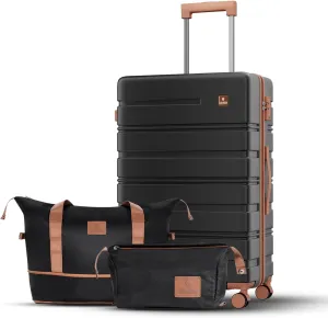 Luggage Sets, 20 Inch Carry on Luggage Using 100% PC, Lightweight Luggage with YKK Zipper and TSA Locks, Durable, Quiet Double Wheels, Travel Luggage for Men and Women, Y01 Black 3 Piece