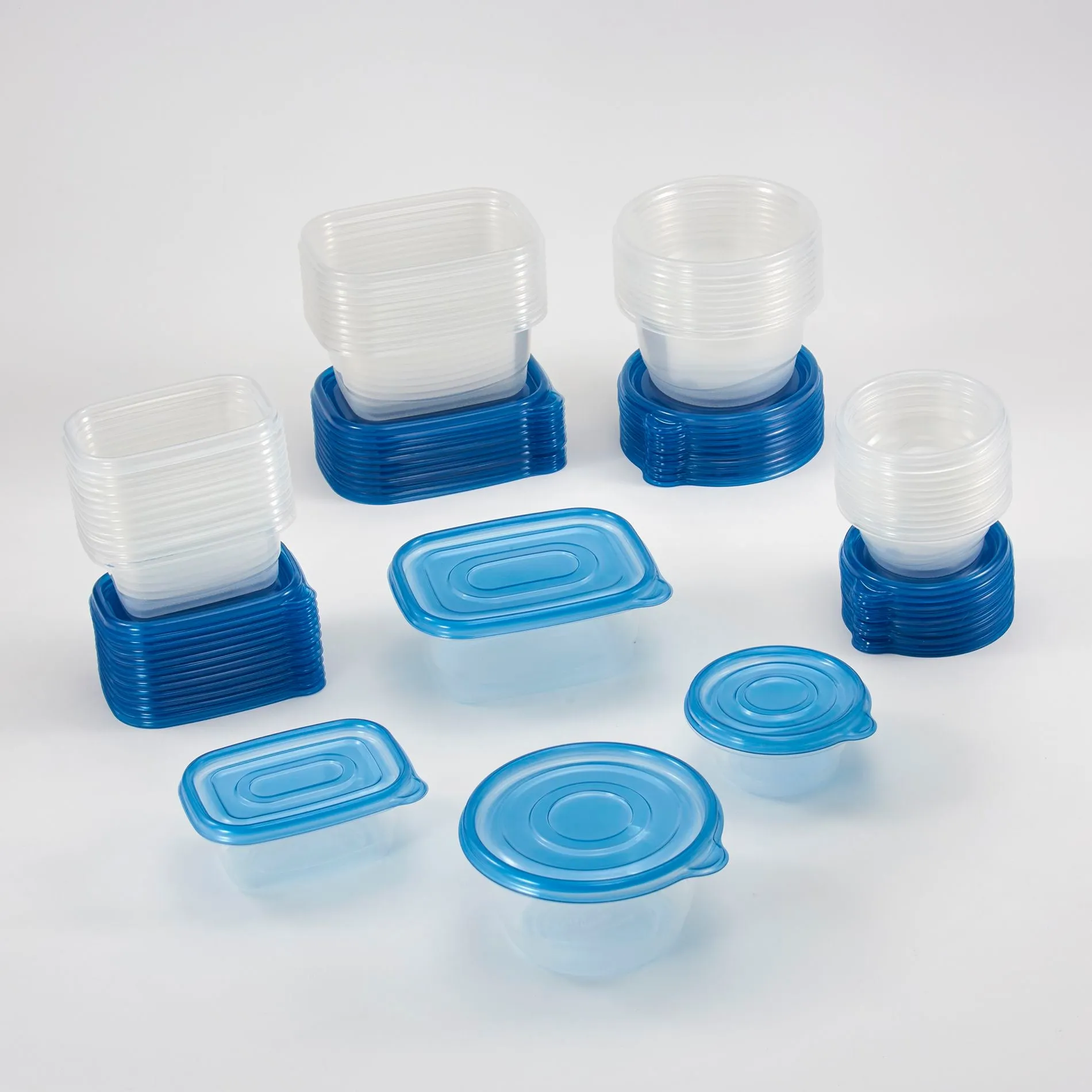 Mainstays 92PC Multi Size Food Storage Container Set, Assorted shape - Clear Container & Blue Lid, 46 Pack