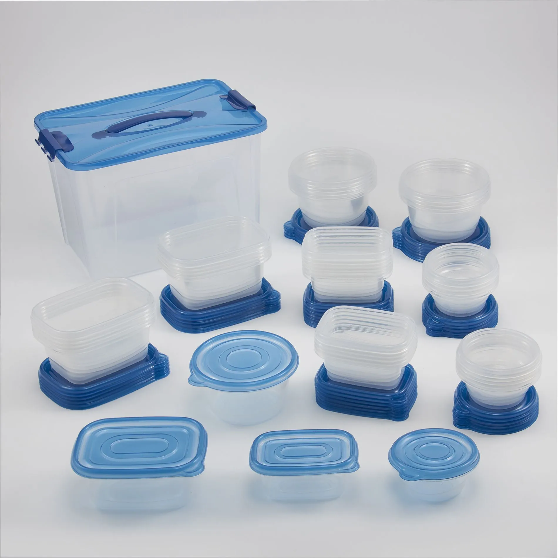 Mainstays 92PC Multi Size Food Storage Container Set, Assorted shape - Clear Container & Blue Lid, 46 Pack