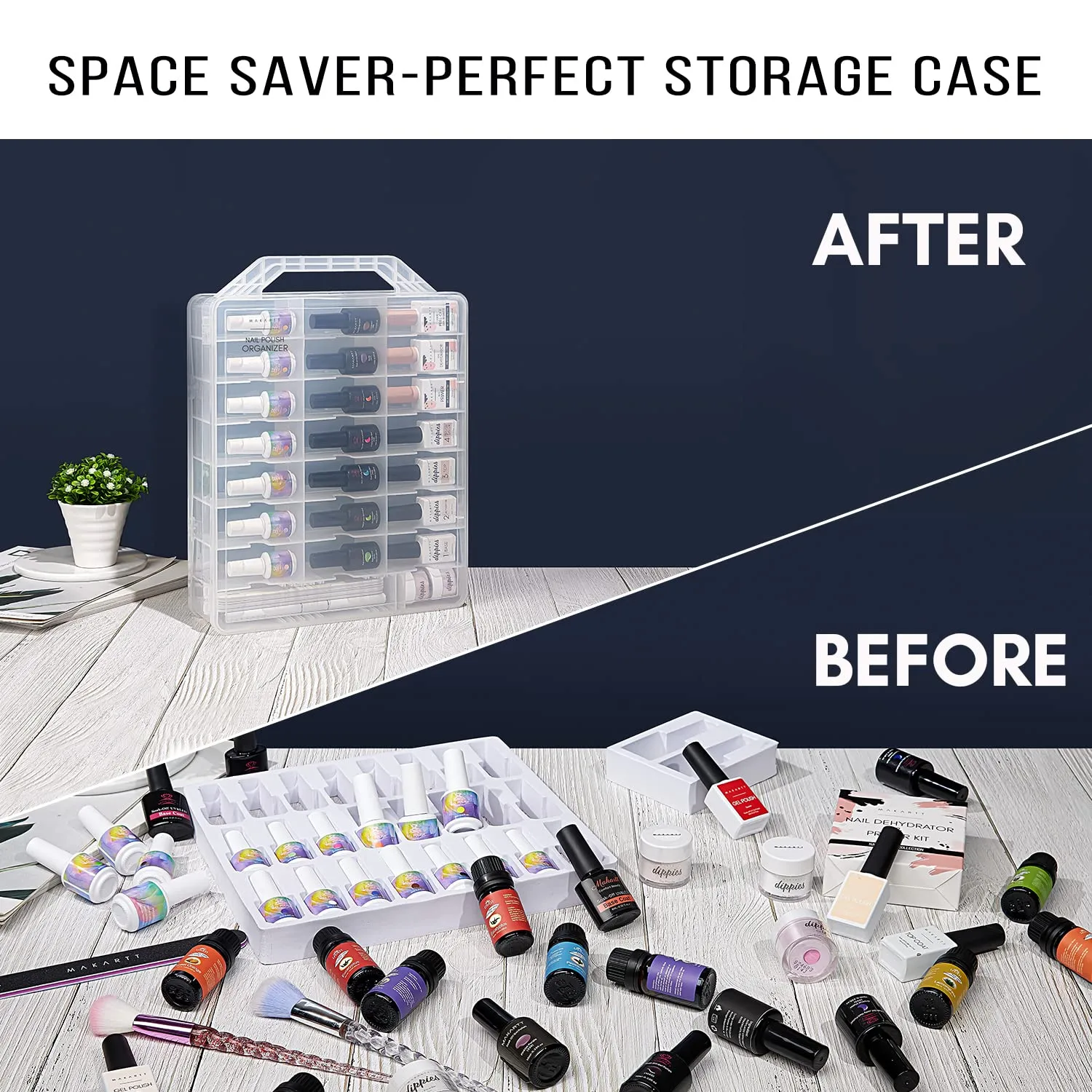 Makartt Nail Polish Organizer, Clear Universal Nail Polish Holder for 48 Bottles,Portable Sturdy Gel Nail Polish Organizer Case with 8 Adjustable Dividers, Space Saver for Nail Bottles Display Travel