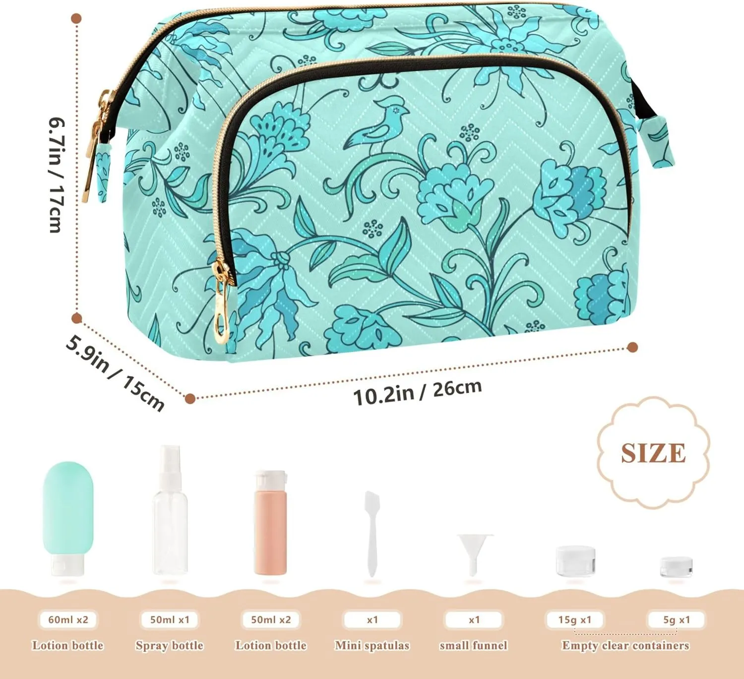 Makeup Bag Cosmetic Bag, Birds on Turquoise Background Large Capacity Travel Pouch Makeup Case Organizer for Women Toiletry Bag with Zipper for Ladies Girls