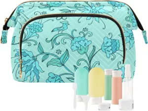Makeup Bag Cosmetic Bag, Birds on Turquoise Background Large Capacity Travel Pouch Makeup Case Organizer for Women Toiletry Bag with Zipper for Ladies Girls