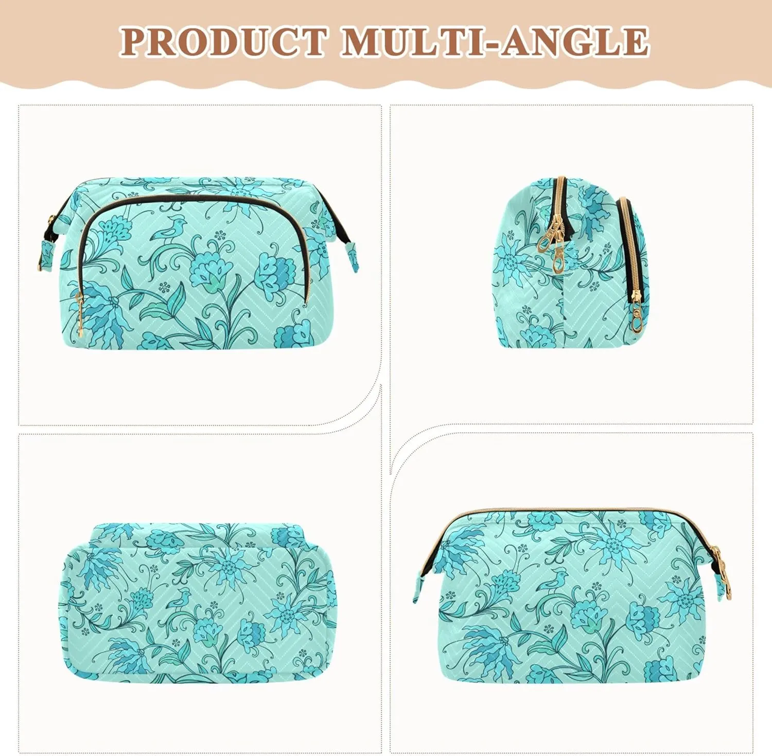 Makeup Bag Cosmetic Bag, Birds on Turquoise Background Large Capacity Travel Pouch Makeup Case Organizer for Women Toiletry Bag with Zipper for Ladies Girls