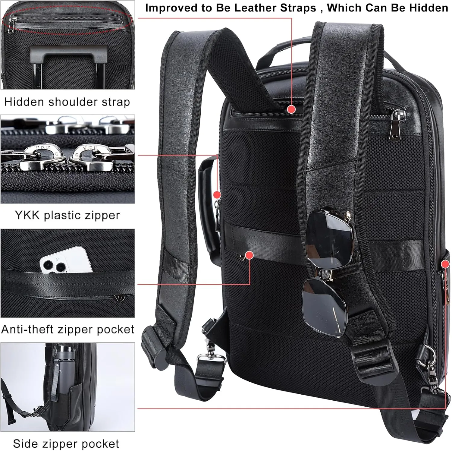 Masa Kawa Slim Leather 15.6" Laptop Backpack for Men Convertible Briefcase Backpacks Expandable Black Business Work Bag Slim Travel Daypack