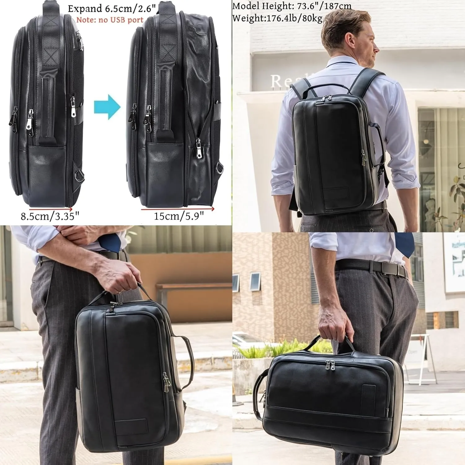 Masa Kawa Slim Leather 15.6" Laptop Backpack for Men Convertible Briefcase Backpacks Expandable Black Business Work Bag Slim Travel Daypack