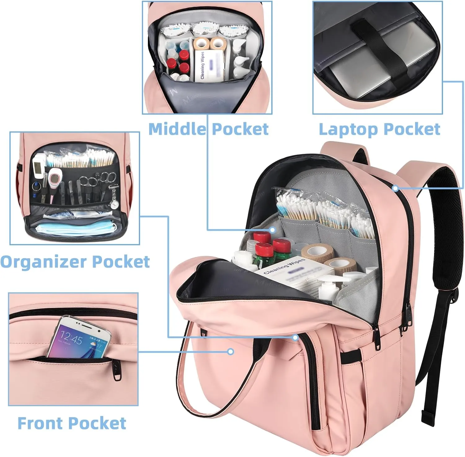 MATEIN Nursing Backpack, Waterproof College Bag for Women with Removable Organizer, 15.6 Inch Travel Lapatop Backpacks Medical Clinical Doctor Nurse Work Daypack for Women, Gifts for Her, Pink