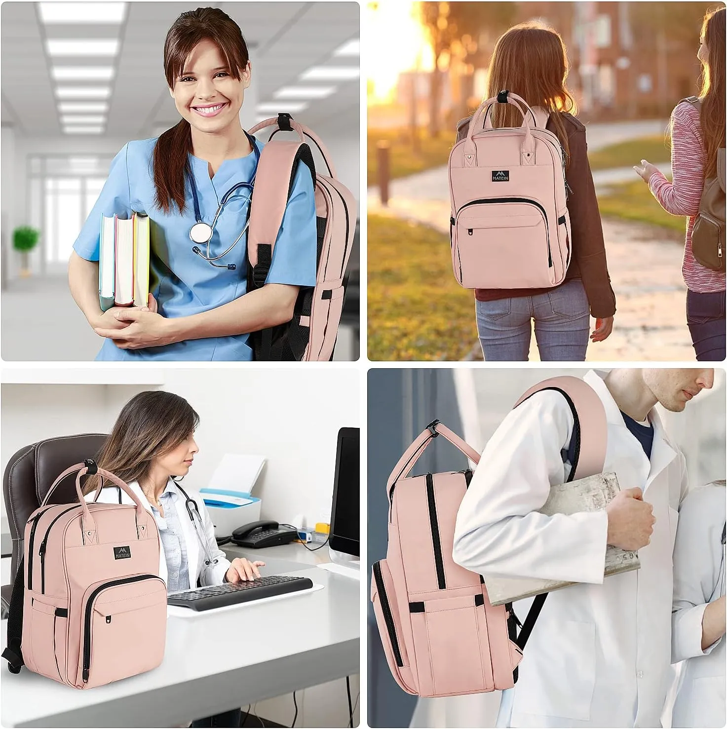 MATEIN Nursing Backpack, Waterproof College Bag for Women with Removable Organizer, 15.6 Inch Travel Lapatop Backpacks Medical Clinical Doctor Nurse Work Daypack for Women, Gifts for Her, Pink