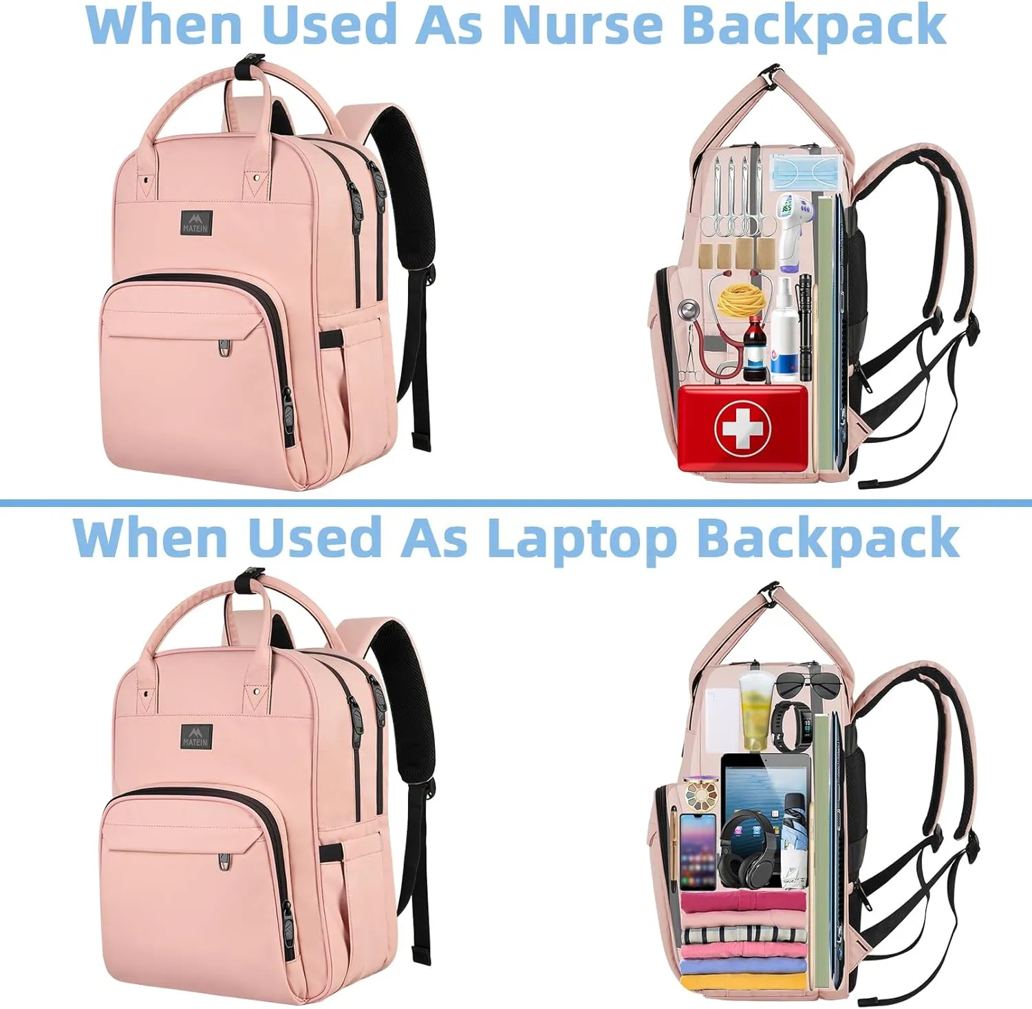 MATEIN Nursing Backpack, Waterproof College Bag for Women with Removable Organizer, 15.6 Inch Travel Lapatop Backpacks Medical Clinical Doctor Nurse Work Daypack for Women, Gifts for Her, Pink
