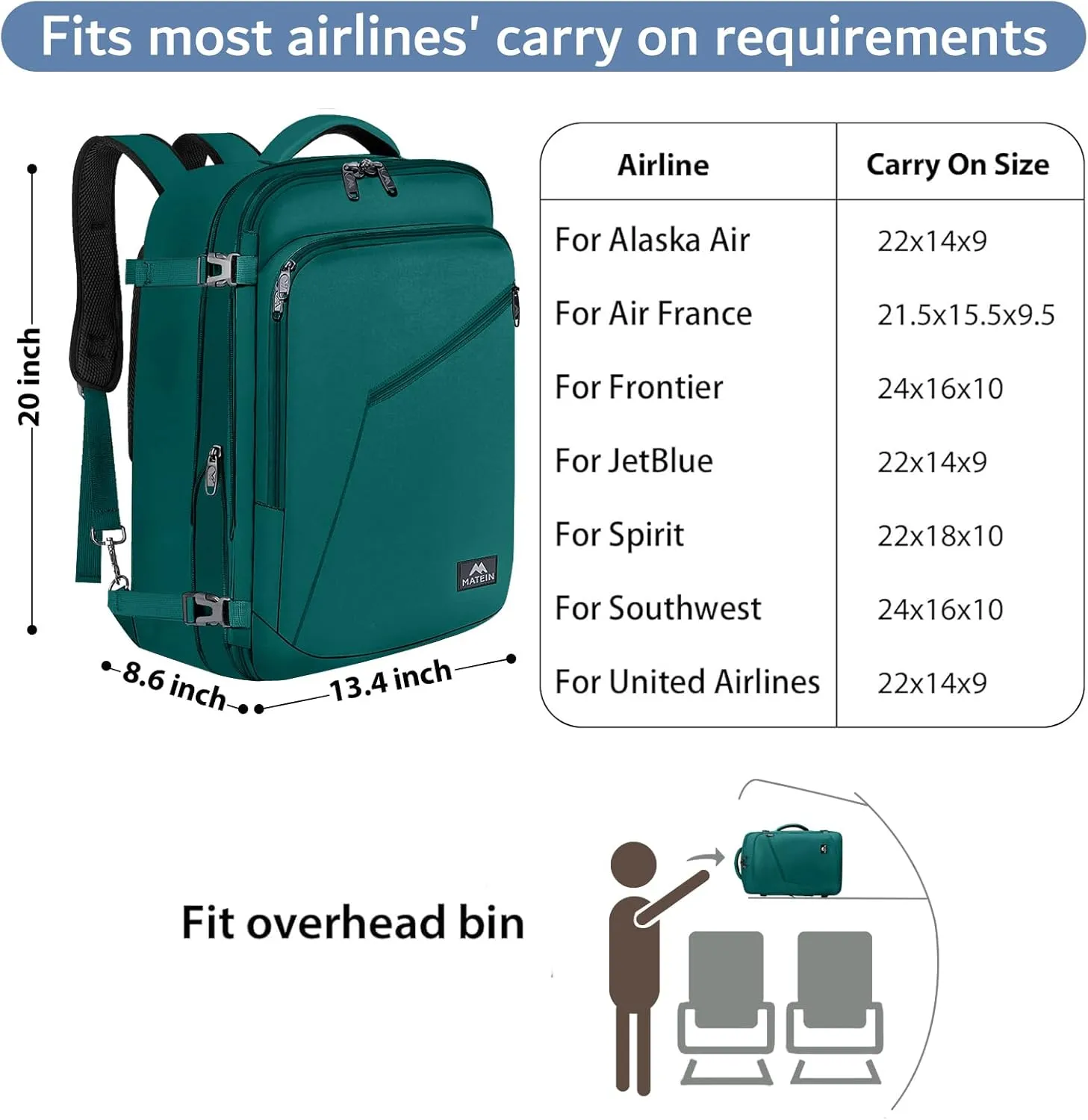 MATEIN Travel Backpack Large, Water Resistant Carry on Backpack for Travelling, Airline Approved Large Capacity Back Pack, Expandable Lightweight Overnight Daypack, Travel Gift, Peacock Blue