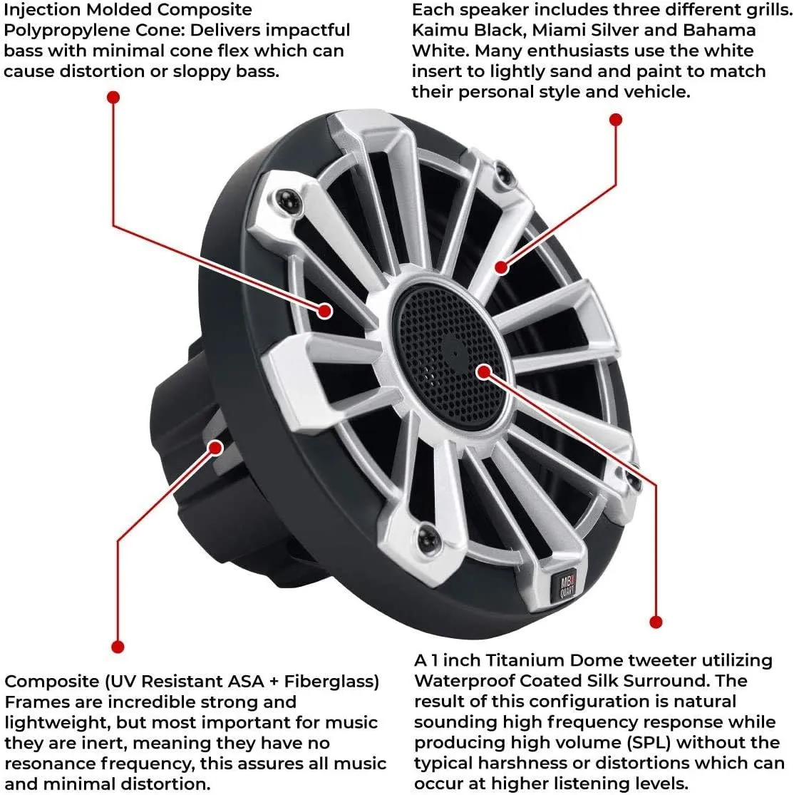 MB Quart NP1-116 Nautic Premium Outdoor Waterproof 6.5 Inch Coaxial Marine Speaker Pair with 3 Removable Grill Color Options, Black