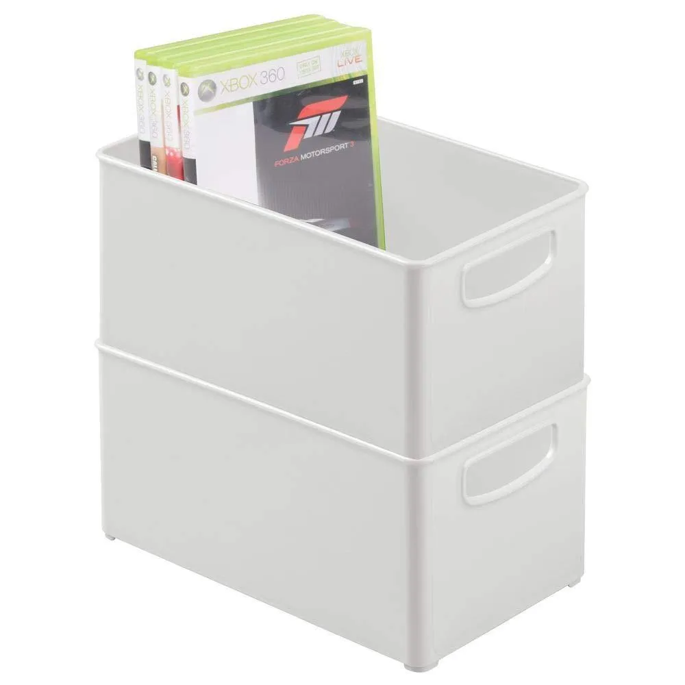 mDesign Plastic Stackable Home Storage Organizer Container Bin Box with Handles - for Media Consoles, Closets, Cabinets - Holds DVD's, Blu Ray, Video Games, Gaming Accessories - 4 Pack - Light Gray