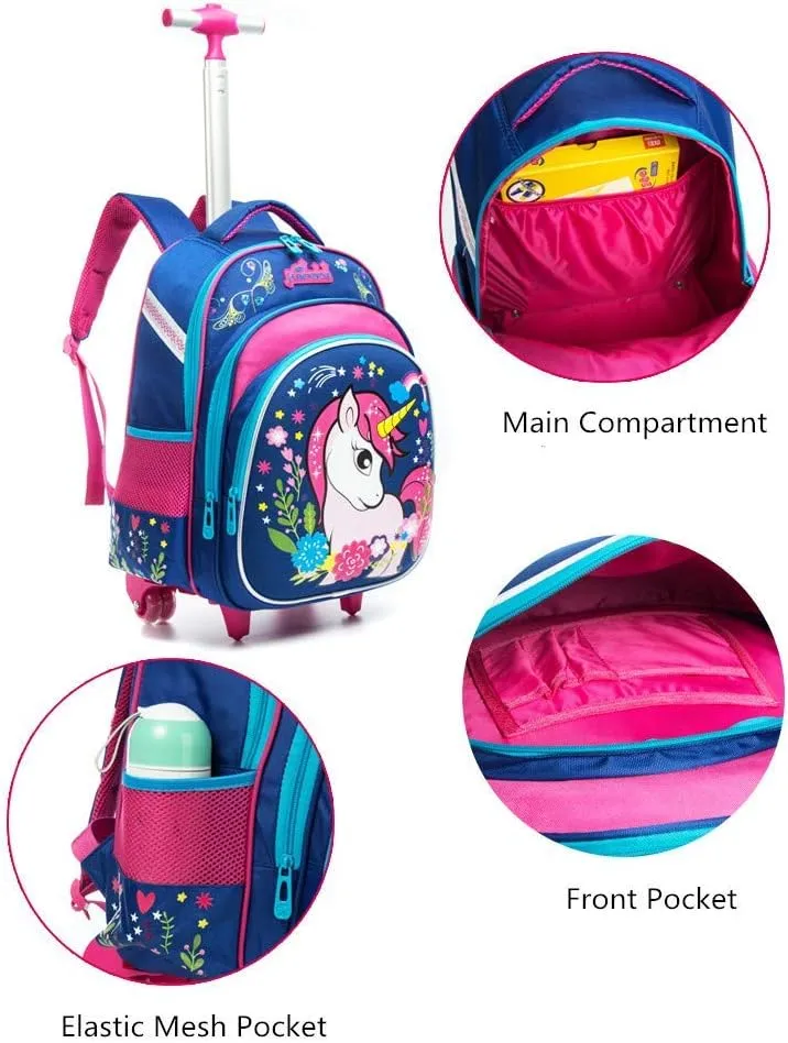 Meetbelify Girls Unicorn Rolling Backpacks Kids Backpack with Wheels for Girls School Bags with Lunch Box