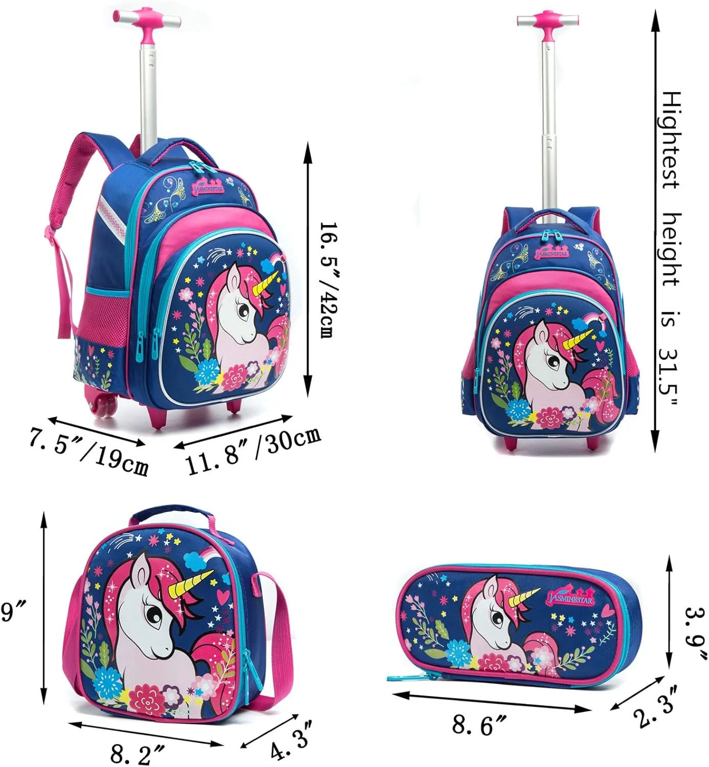 Meetbelify Girls Unicorn Rolling Backpacks Kids Backpack with Wheels for Girls School Bags with Lunch Box