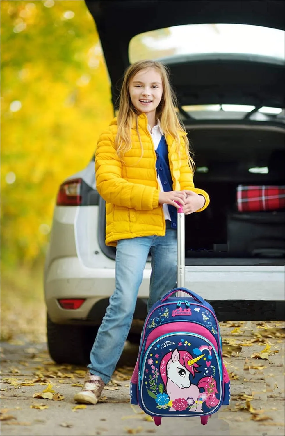 Meetbelify Girls Unicorn Rolling Backpacks Kids Backpack with Wheels for Girls School Bags with Lunch Box