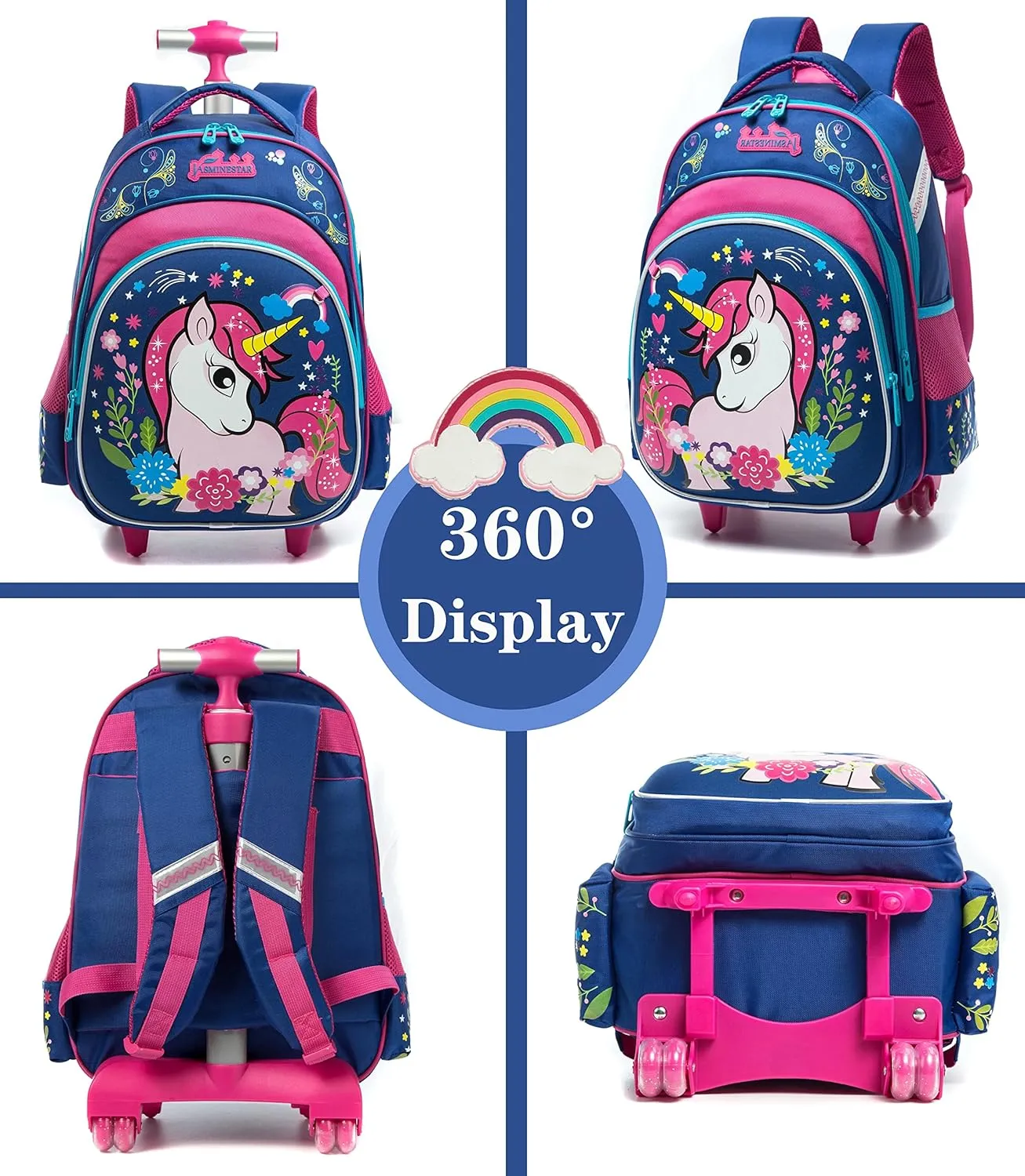 Meetbelify Girls Unicorn Rolling Backpacks Kids Backpack with Wheels for Girls School Bags with Lunch Box
