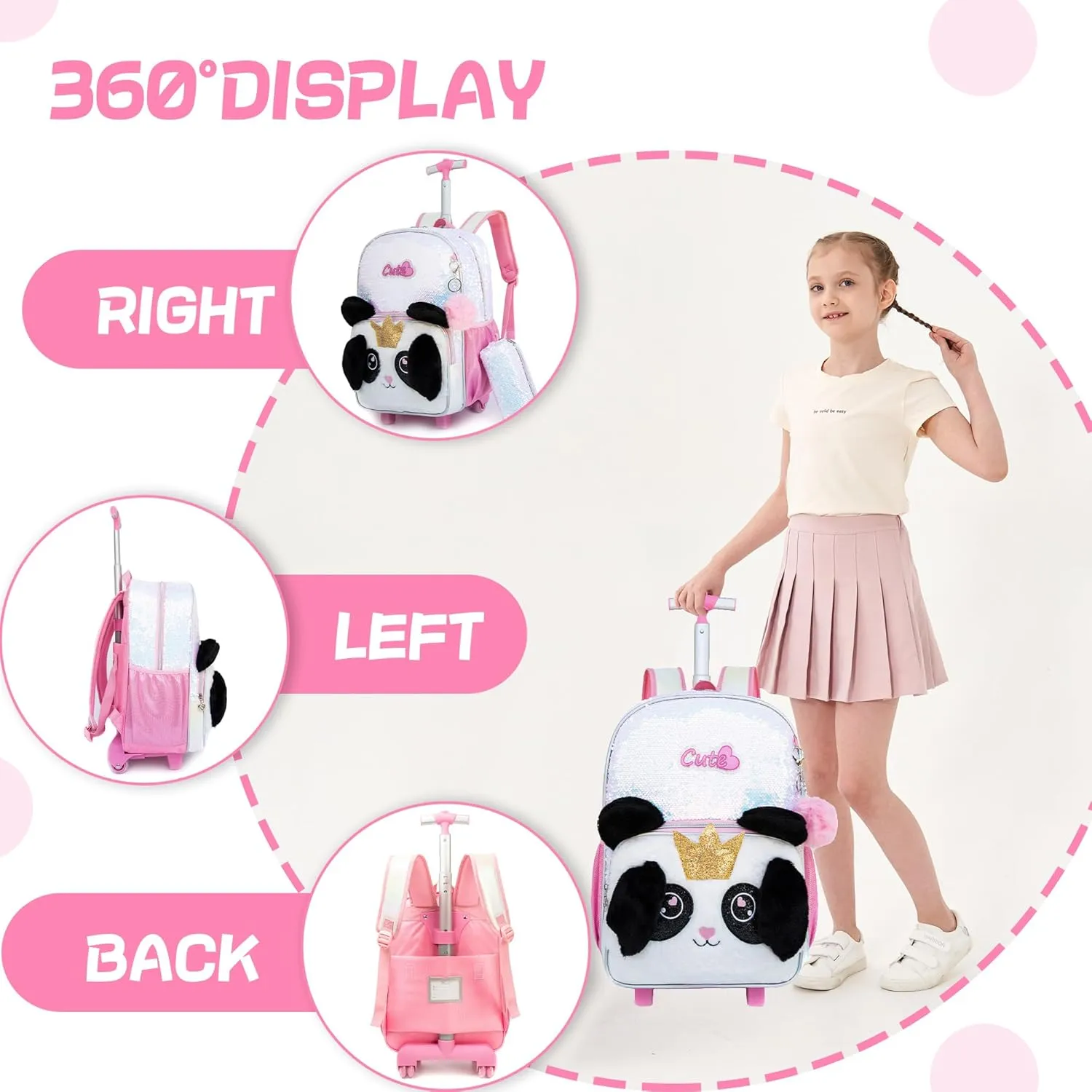 Meetbelify Rolling Backpack for Girls Backpacks with Wheels for Elementary School Students Kids 3 in 1 Travel Luggage Suitcase with Lunch Box Pencil Case for Girls Age 8-10 Cute Panda