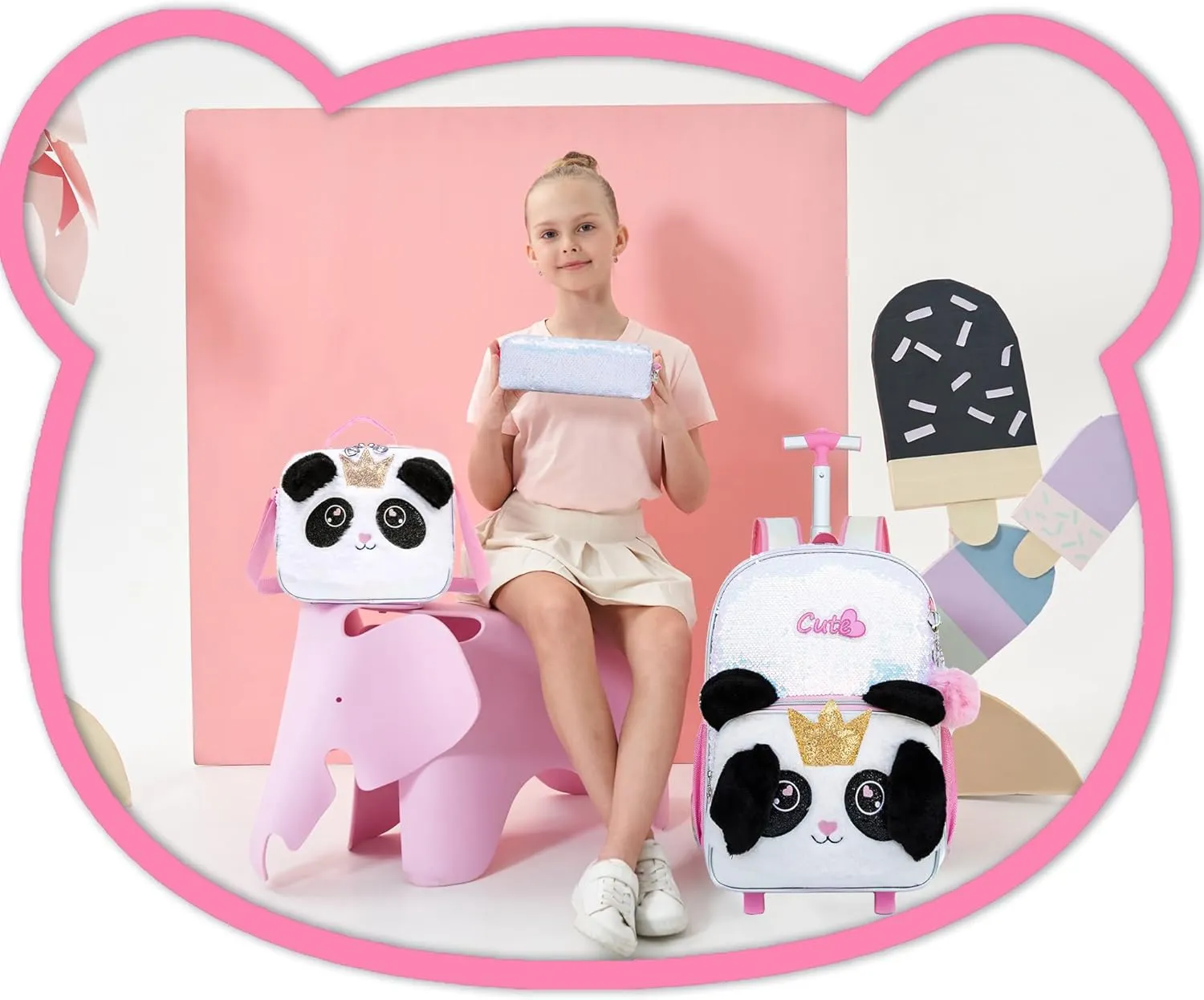 Meetbelify Rolling Backpack for Girls Backpacks with Wheels for Elementary School Students Kids 3 in 1 Travel Luggage Suitcase with Lunch Box Pencil Case for Girls Age 8-10 Cute Panda