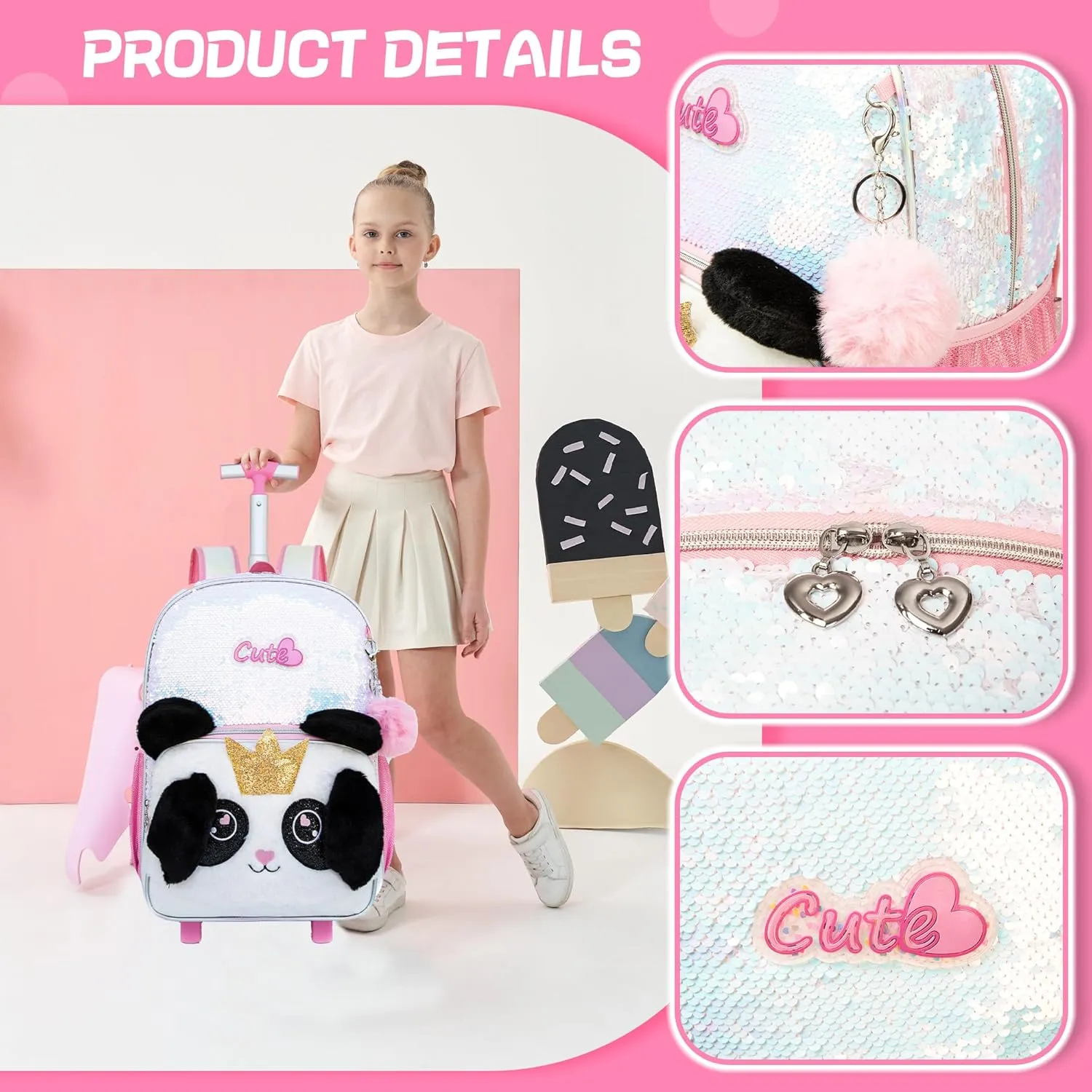 Meetbelify Rolling Backpack for Girls Backpacks with Wheels for Elementary School Students Kids 3 in 1 Travel Luggage Suitcase with Lunch Box Pencil Case for Girls Age 8-10 Cute Panda
