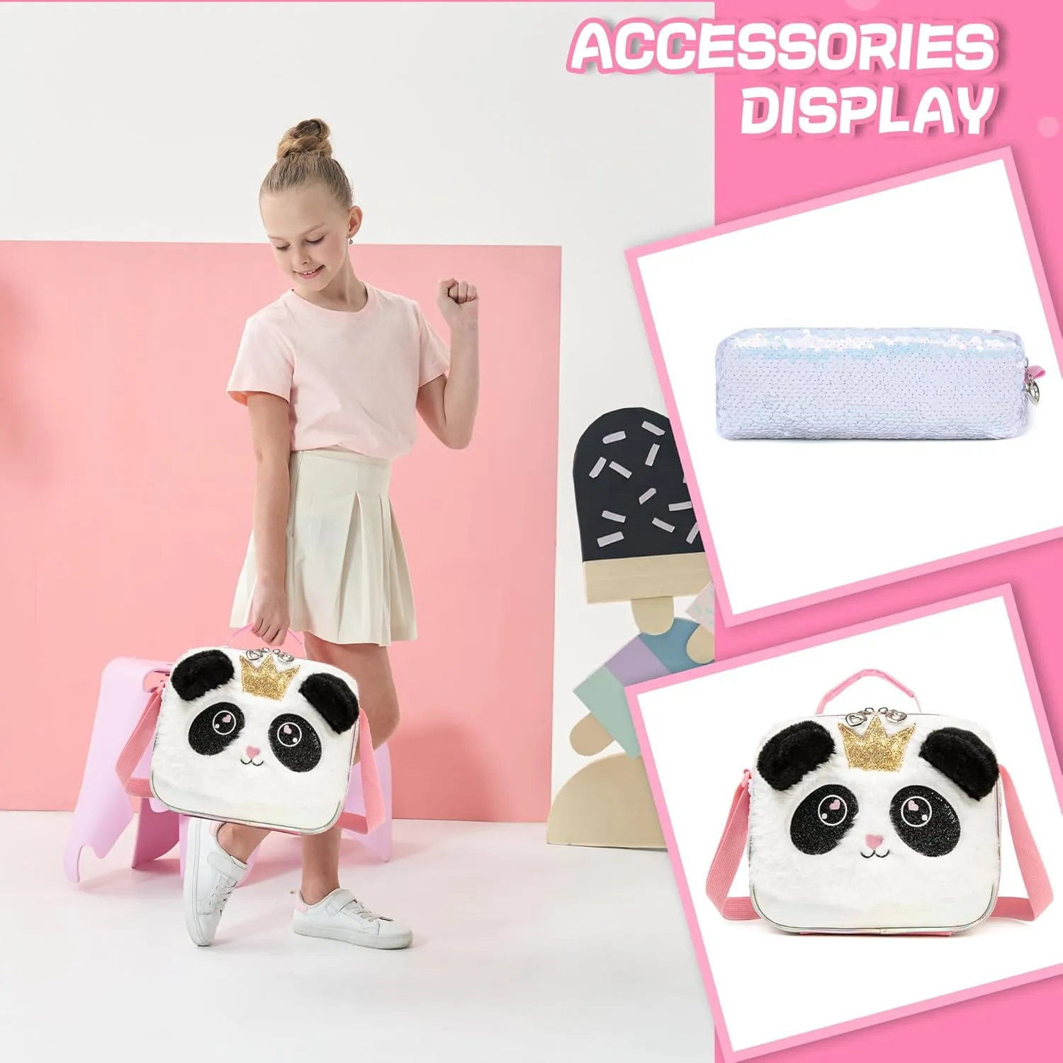 Meetbelify Rolling Backpack for Girls Backpacks with Wheels for Elementary School Students Kids 3 in 1 Travel Luggage Suitcase with Lunch Box Pencil Case for Girls Age 8-10 Cute Panda