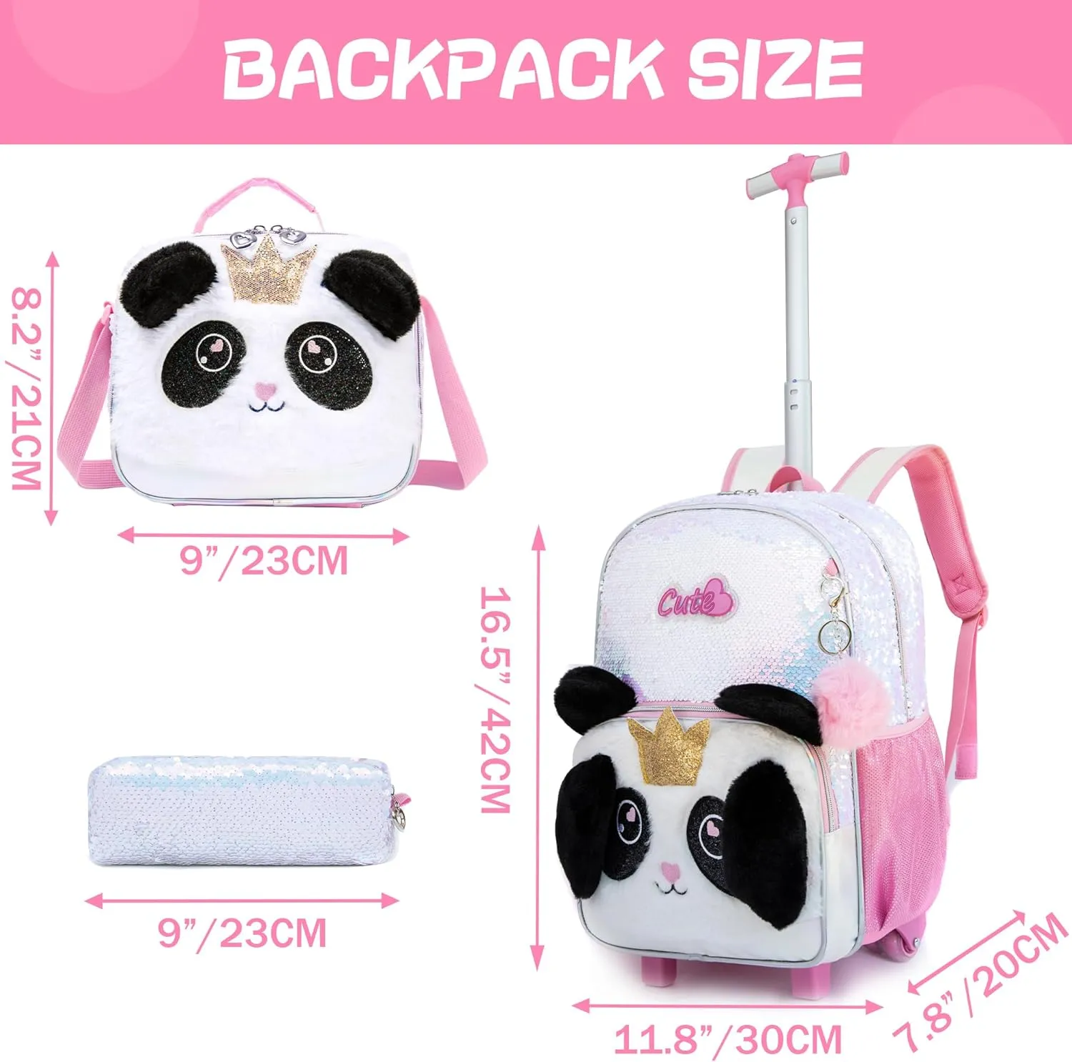 Meetbelify Rolling Backpack for Girls Backpacks with Wheels for Elementary School Students Kids 3 in 1 Travel Luggage Suitcase with Lunch Box Pencil Case for Girls Age 8-10 Cute Panda