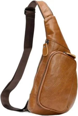 Men's Vintage Leather Travel Sling Backpack Waterproof Crossbody Shoulder Bag for Hiking Outdoor Camping Casual Events(Brown)