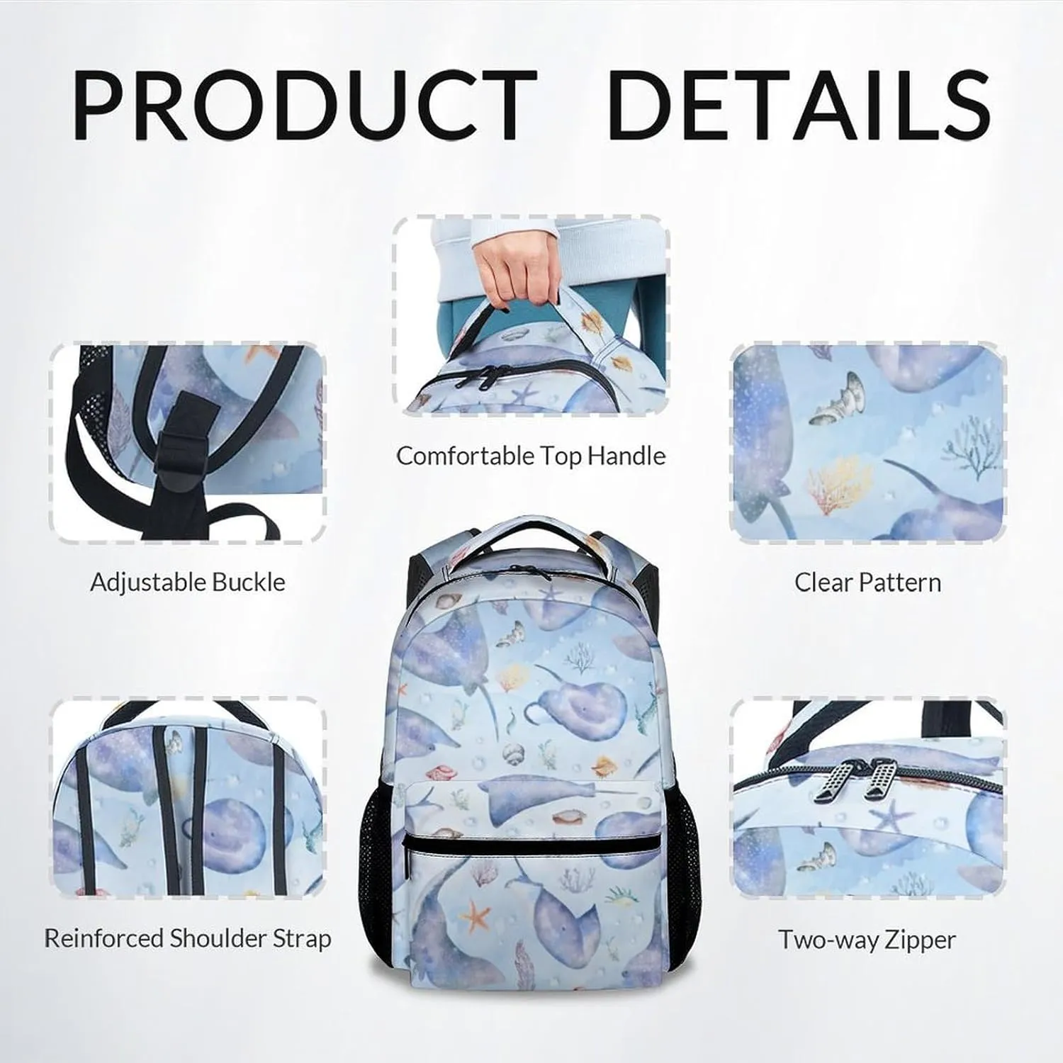 Mercuryelf Kids Backpack - Stingray Kid Backpack for School, Travel - Cute Sea Bookbag for Boys Girls - 17 Inch School Bag for Primary Middle College