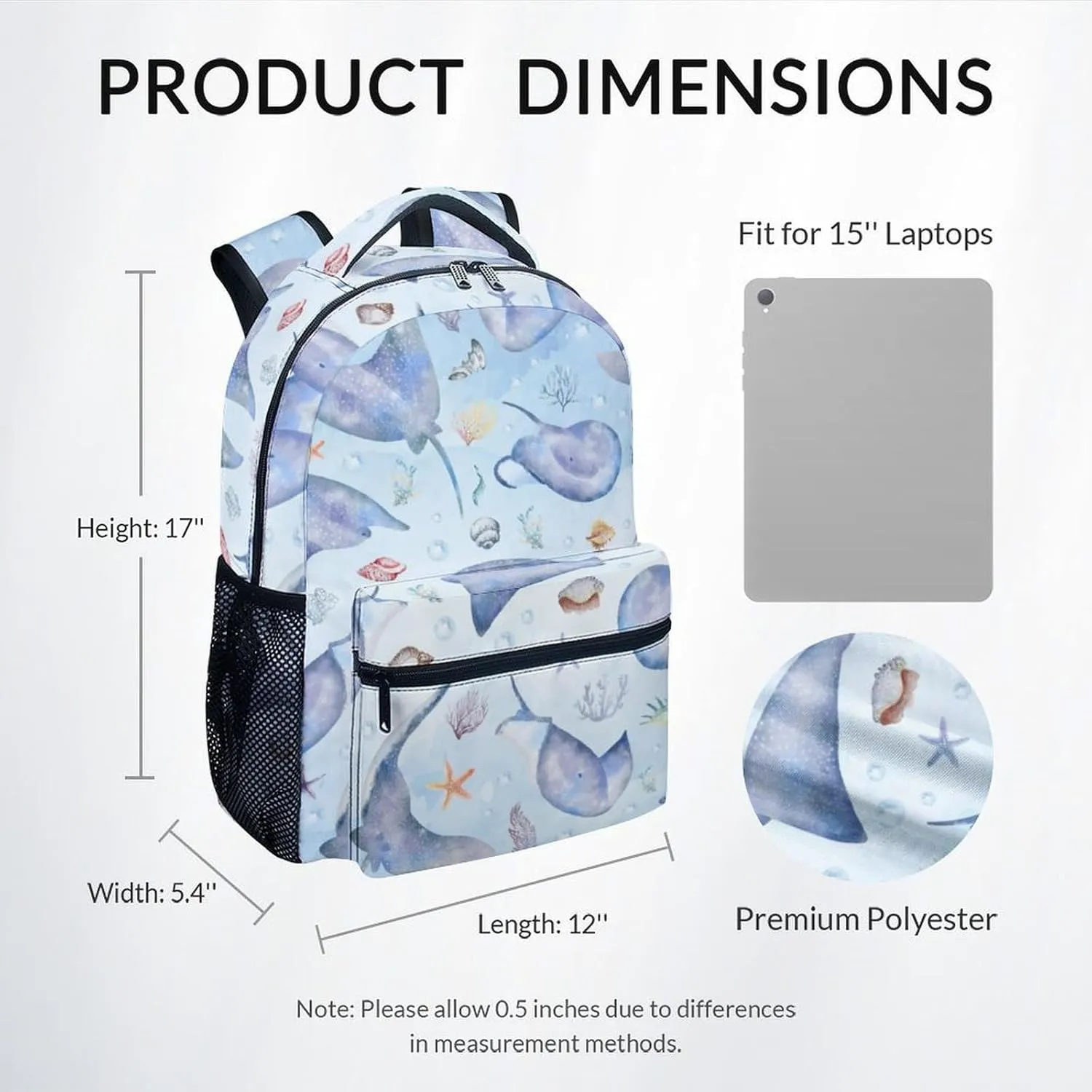 Mercuryelf Kids Backpack - Stingray Kid Backpack for School, Travel - Cute Sea Bookbag for Boys Girls - 17 Inch School Bag for Primary Middle College