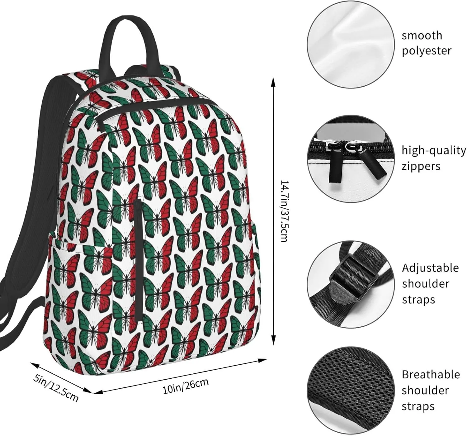 Mexican Flag Butterfly Casual Laptop Backpack Travel Rucksack Sports Daypack Adjustable Strap Bags with Multi-Pockets for Working Running Camping