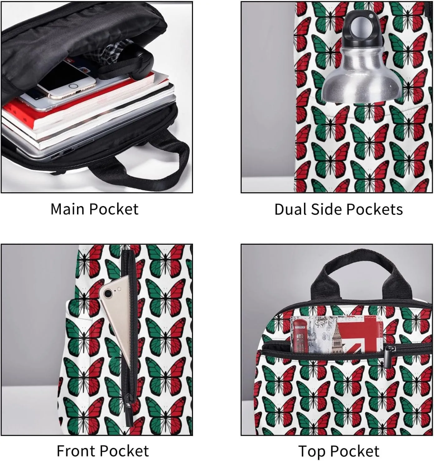 Mexican Flag Butterfly Casual Laptop Backpack Travel Rucksack Sports Daypack Adjustable Strap Bags with Multi-Pockets for Working Running Camping