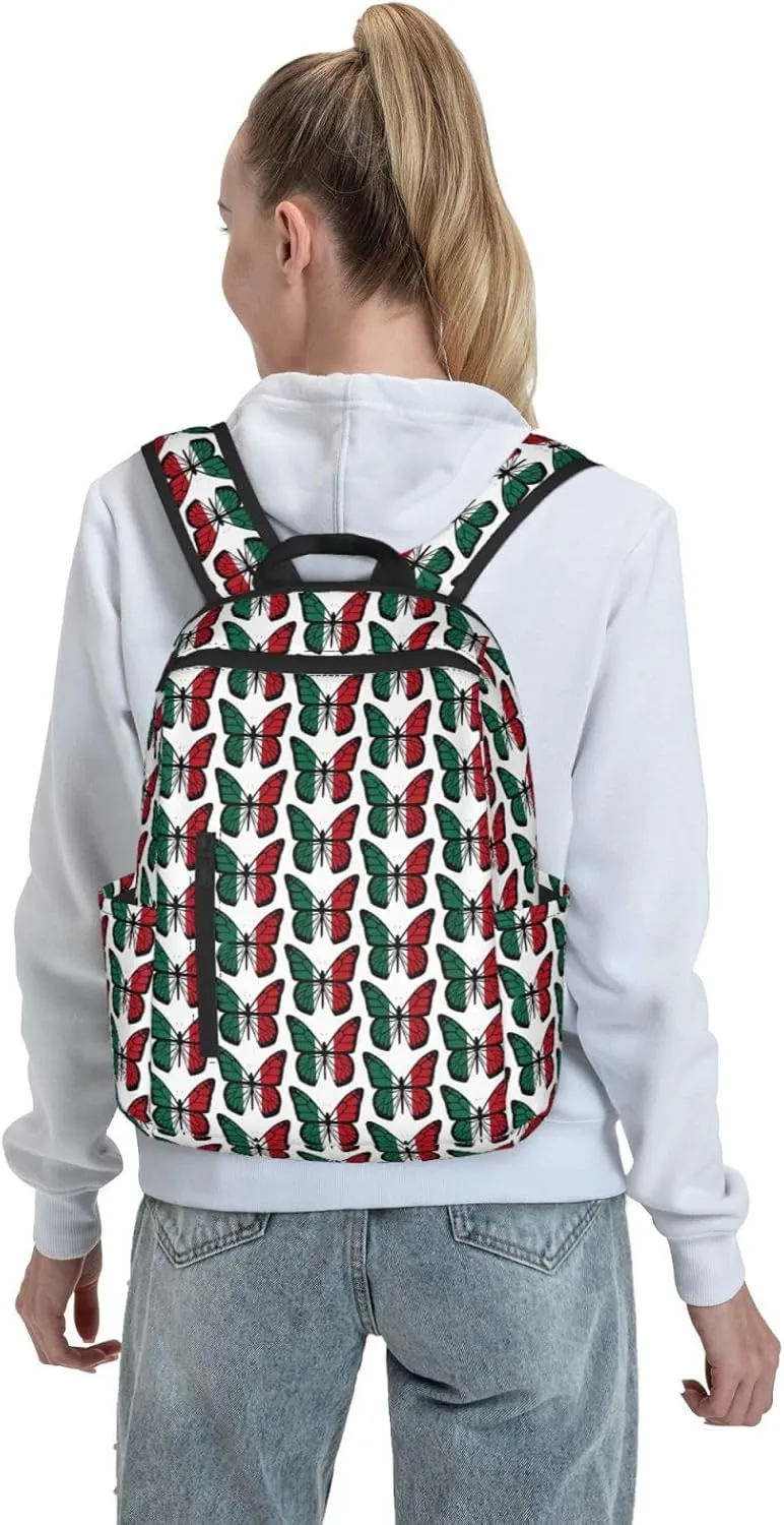 Mexican Flag Butterfly Casual Laptop Backpack Travel Rucksack Sports Daypack Adjustable Strap Bags with Multi-Pockets for Working Running Camping
