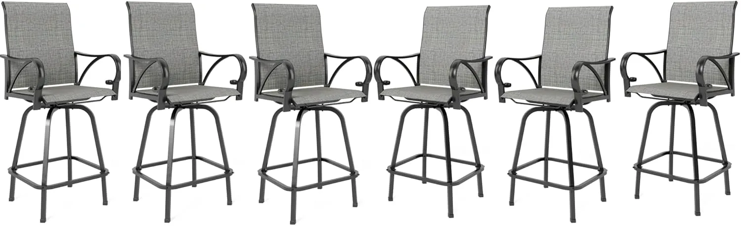 MFSTUDIO Grey Outdoor Bar Stools Set of 6, Patio Bar Height Sling Chairs, Steel Frame All-Weather Resistant,Breathable Textilene Fabric, Grey