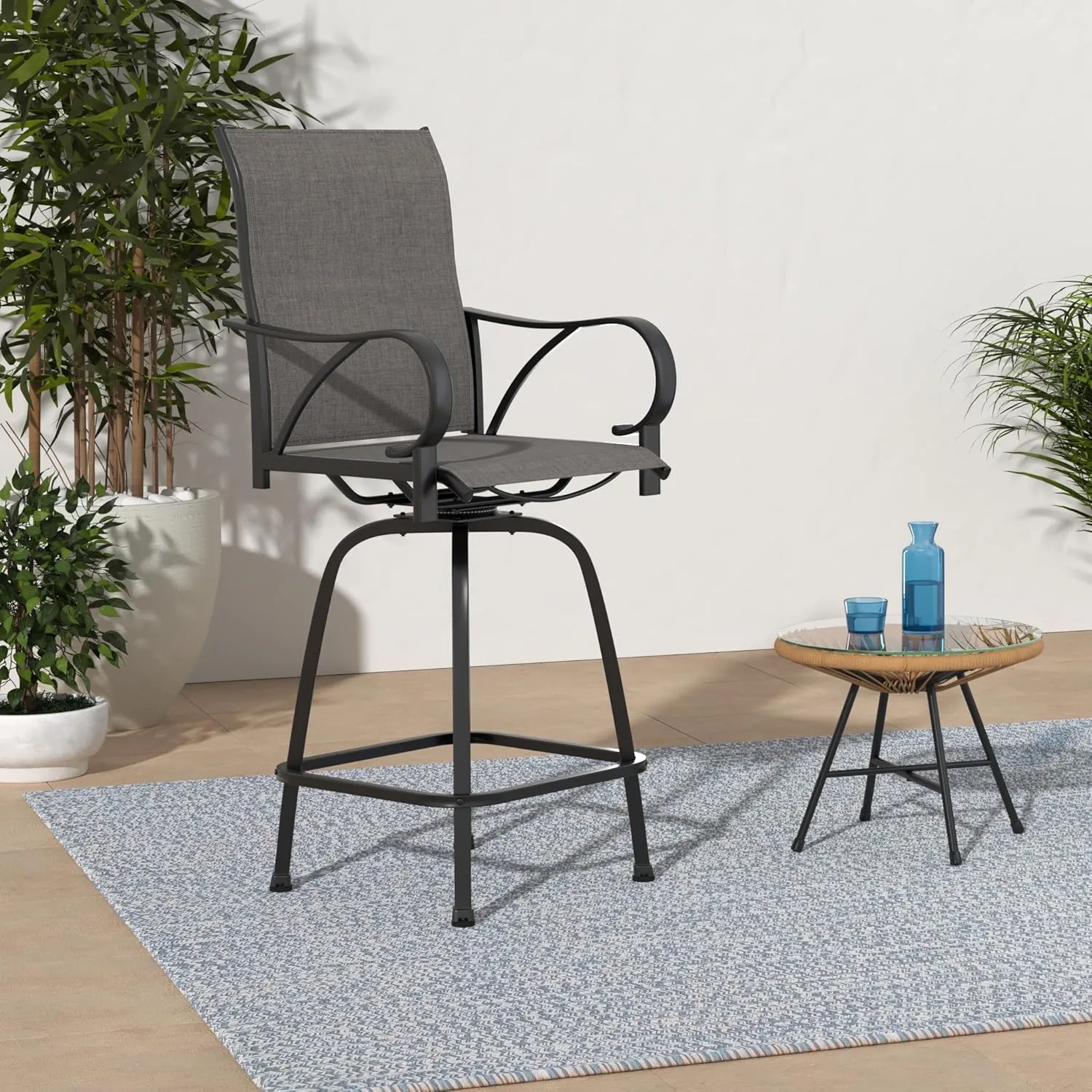 MFSTUDIO Grey Outdoor Bar Stools Set of 6, Patio Bar Height Sling Chairs, Steel Frame All-Weather Resistant,Breathable Textilene Fabric, Grey
