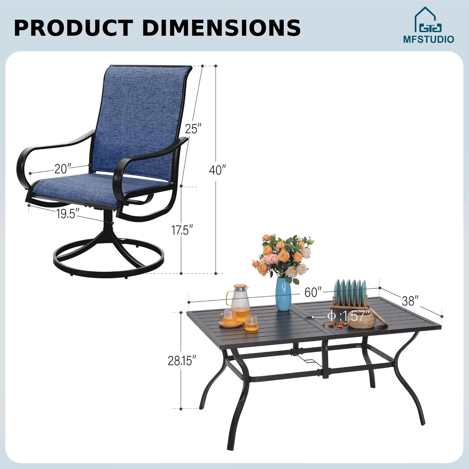 MFSTUDIO Outdoor Patio Dining Set for 6, Outdoor Furniture Set with 6 Textilene Swivel Chairs and 1 Rectangular Table with Umbrella Hole, Deck Backyard Garden Patio Table and Chairs Set