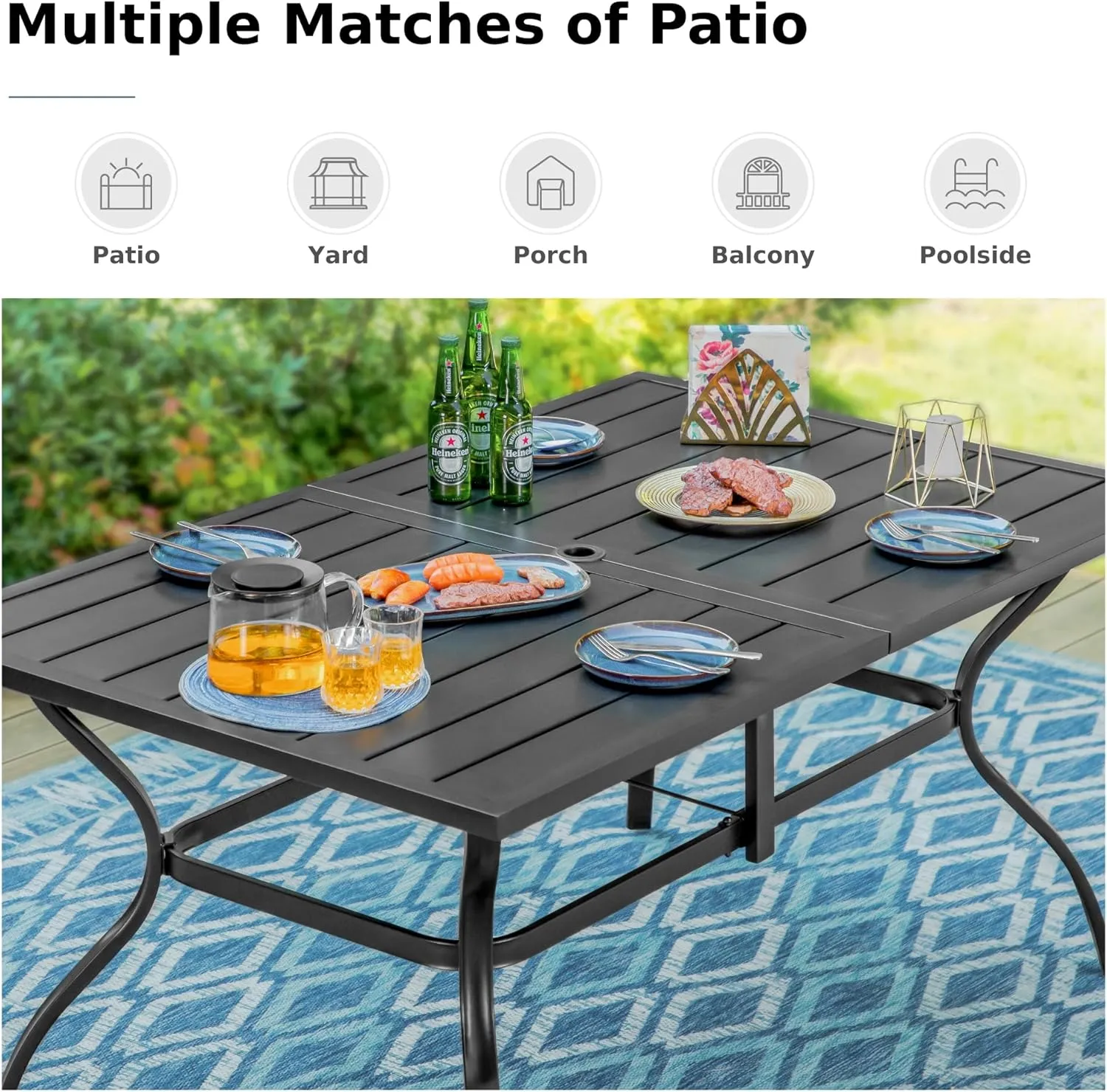 MFSTUDIO Outdoor Patio Dining Set for 6, Outdoor Furniture Set with 6 Textilene Swivel Chairs and 1 Rectangular Table with Umbrella Hole, Deck Backyard Garden Patio Table and Chairs Set