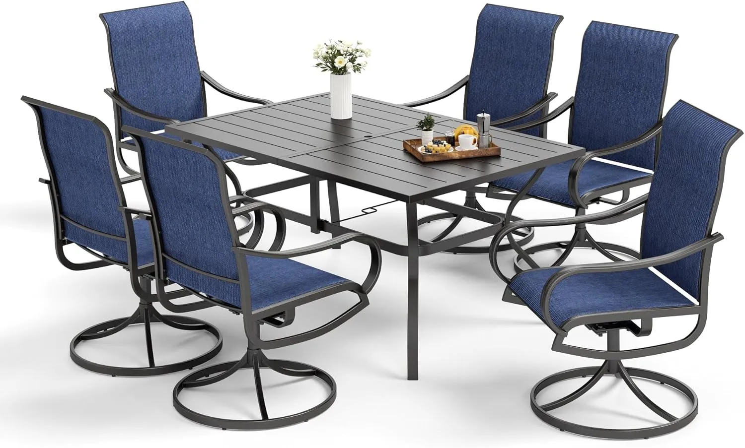 MFSTUDIO Outdoor Patio Dining Set for 6, Outdoor Furniture Set with 6 Textilene Swivel Chairs and 1 Rectangular Table with Umbrella Hole, Deck Backyard Garden Patio Table and Chairs Set