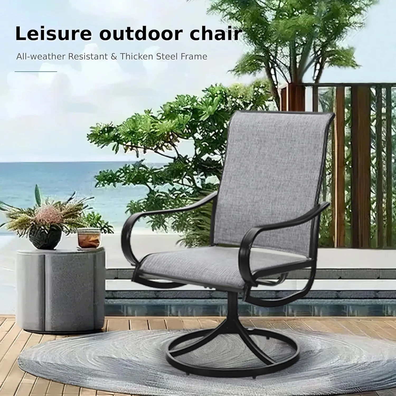 MFSTUDIO Outdoor Swivel Patio Dining Chairs Set of 2, High Back Breathable Textilene Patio Chairs for Balcony, Backyard, Deck, Garden (Light Grey Fabric, Black Frame)