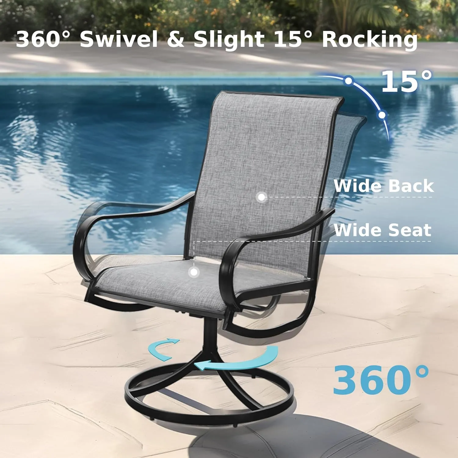MFSTUDIO Outdoor Swivel Patio Dining Chairs Set of 2, High Back Breathable Textilene Patio Chairs for Balcony, Backyard, Deck, Garden (Light Grey Fabric, Black Frame)