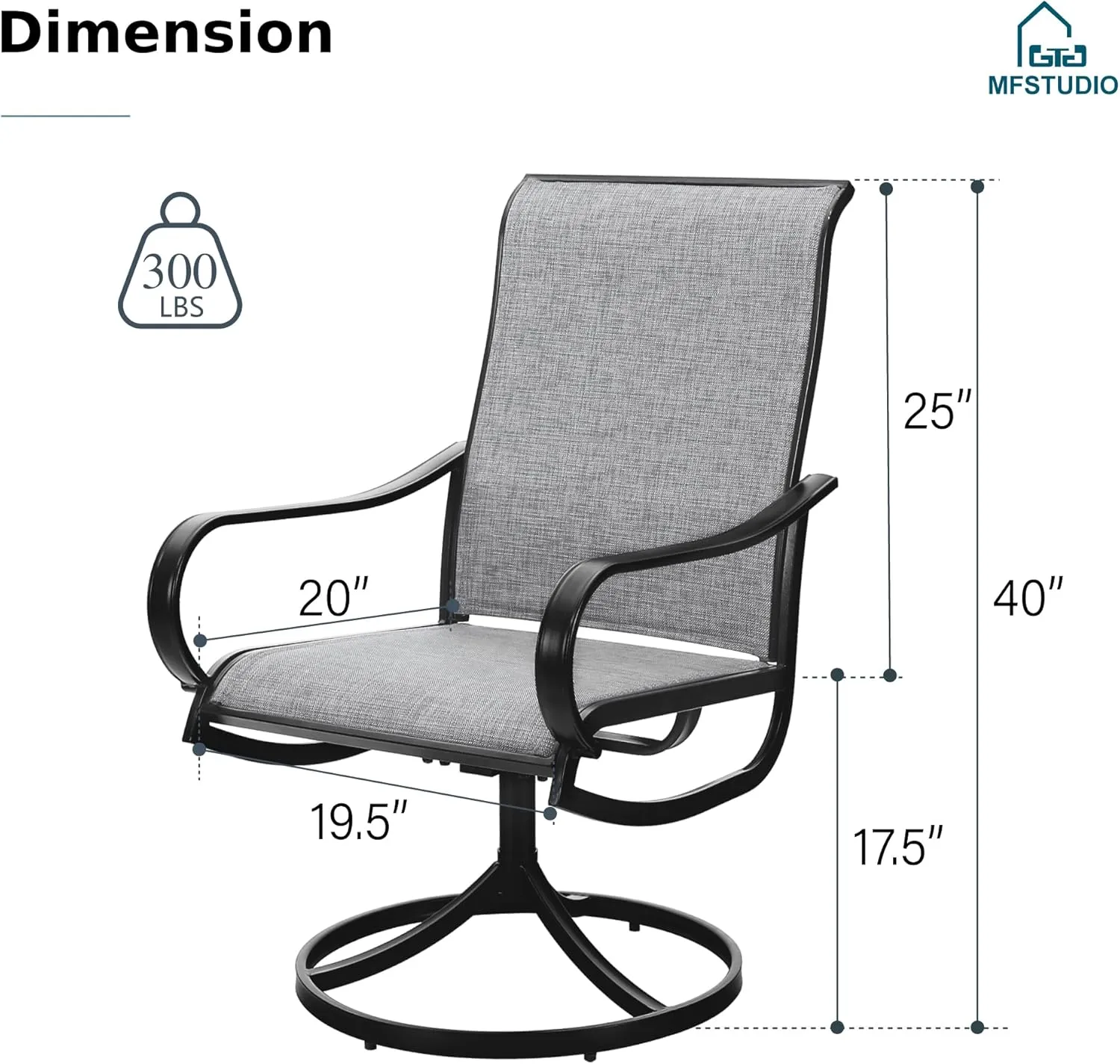 MFSTUDIO Outdoor Swivel Patio Dining Chairs Set of 2, High Back Breathable Textilene Patio Chairs for Balcony, Backyard, Deck, Garden (Light Grey Fabric, Black Frame)