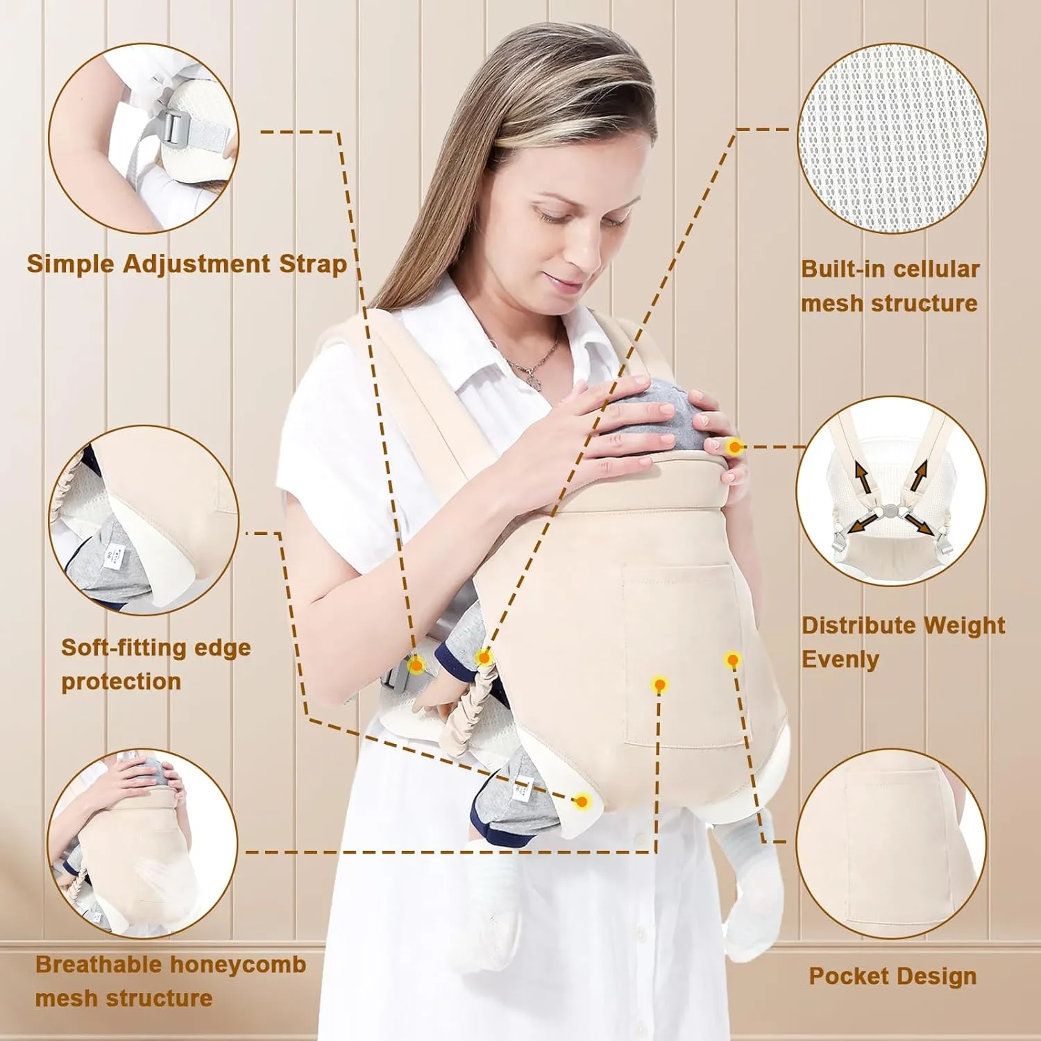 MIAO PAW Baby Sling Carrier, Newborn to Toddler, Adjustable Breathable Carrier, Infant Hip Seat, Nursing Sling Wrap Carries 7-45 Lbs, Beige