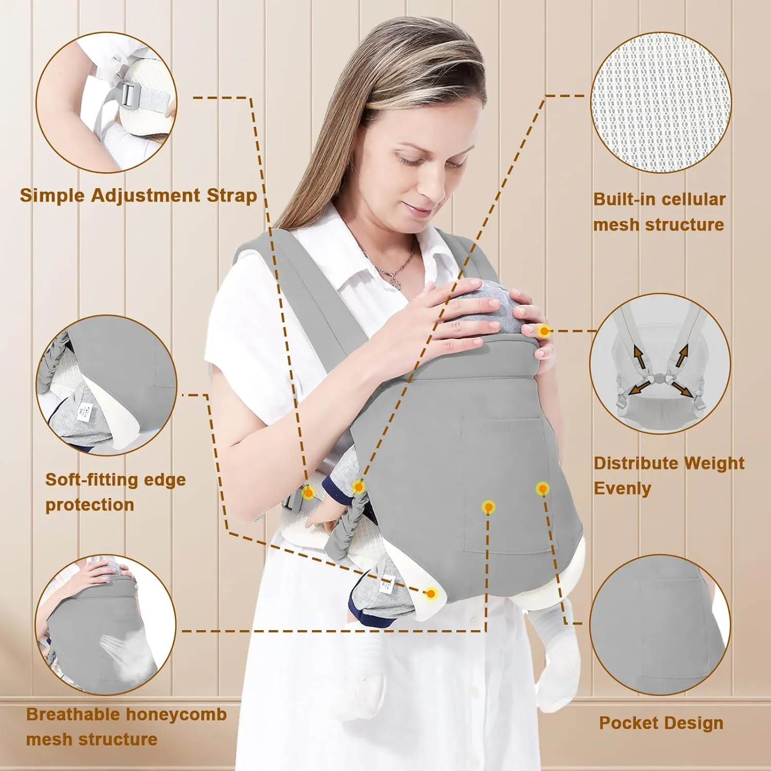 MIAO PAW Baby Sling Carrier - Newborn to Toddler, Breathable Carrier with Adjustable Infant Hip Seat, Nursing Sling Wrap Carries 7-45 Lbs, Light Grey