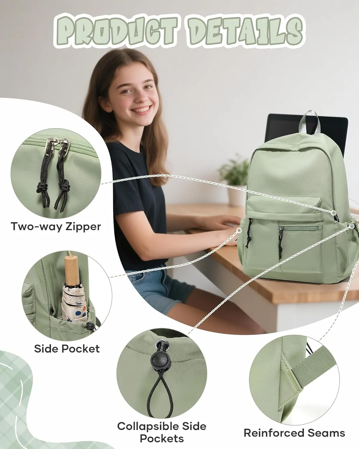 Middle School Bag For Girls Boys,Lightweight Laptop Backpack,Casual Daypack Backpacks, College Backpack,Green