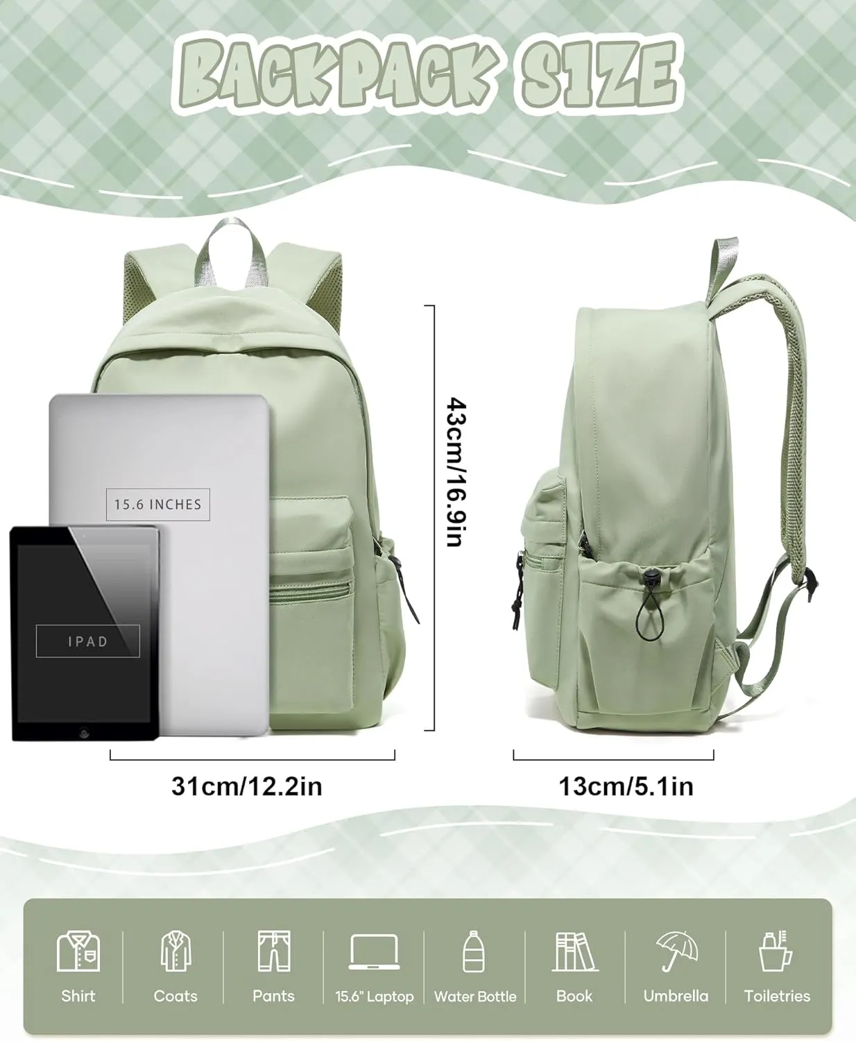Middle School Bag For Girls Boys,Lightweight Laptop Backpack,Casual Daypack Backpacks, College Backpack,Green