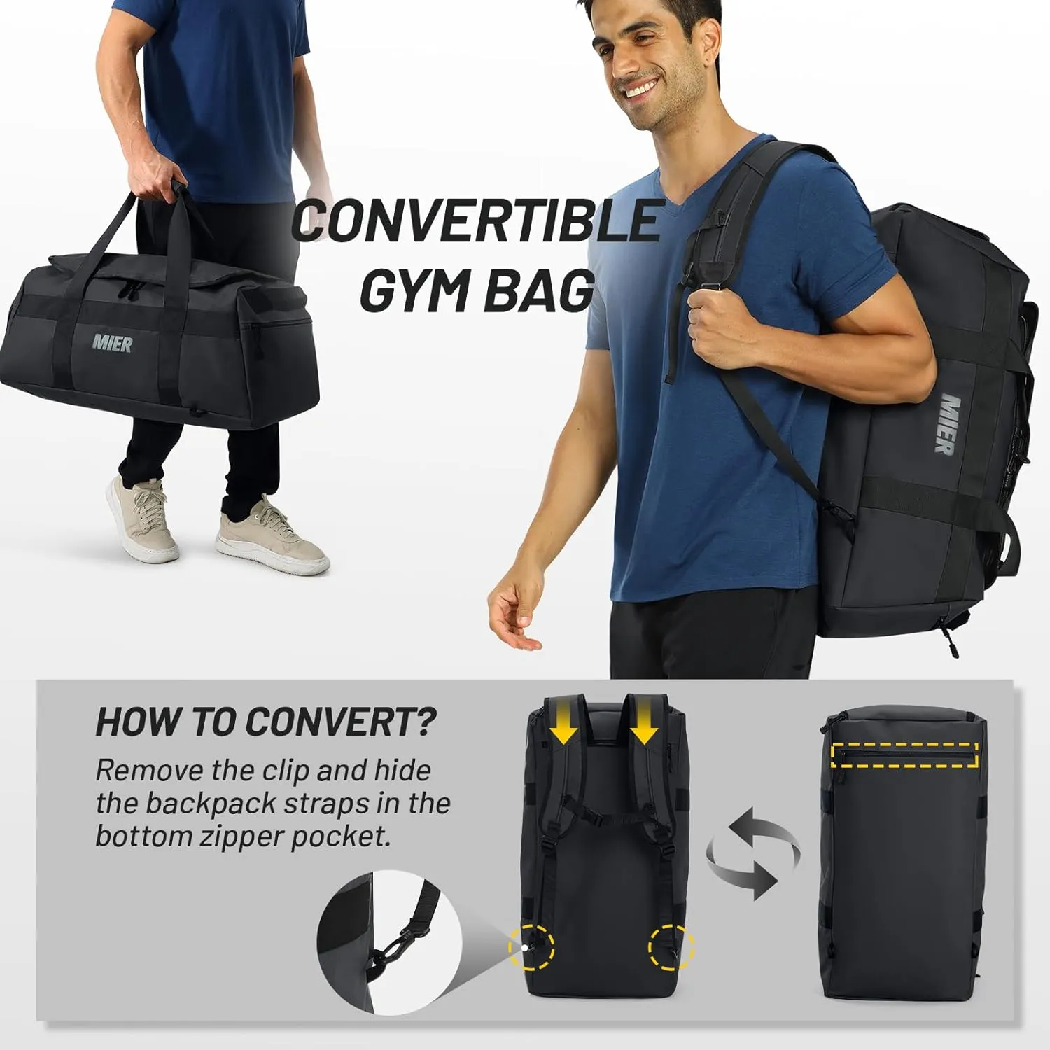 MIER Gym Bag for Men Large Duffel Backpack with Shoe Compartment, 60L Convertible Duffle Bags Weekender Overnight Bag for Gym Sports Travel, Black