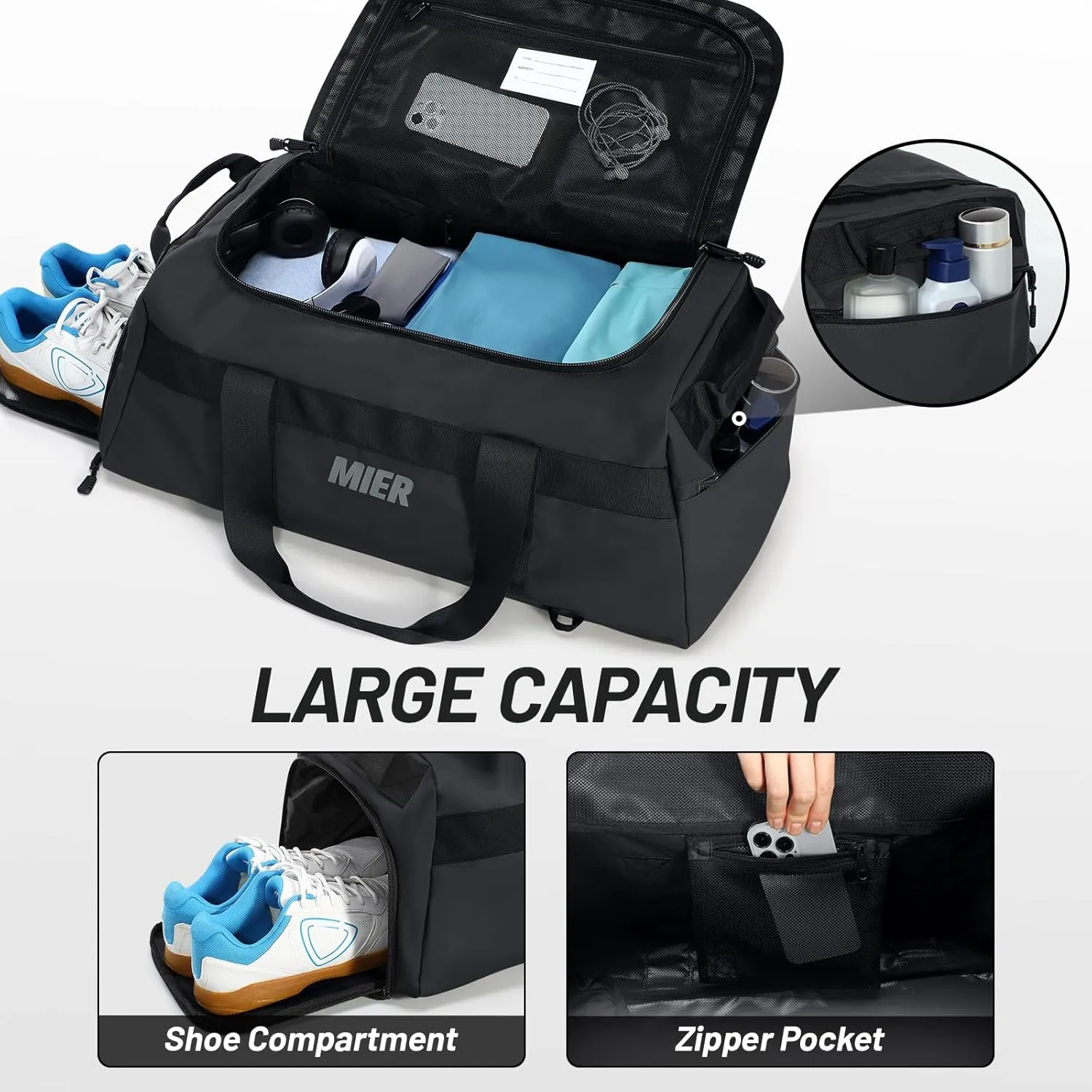 MIER Gym Bag for Men Large Duffel Backpack with Shoe Compartment, 60L Convertible Duffle Bags Weekender Overnight Bag for Gym Sports Travel, Black