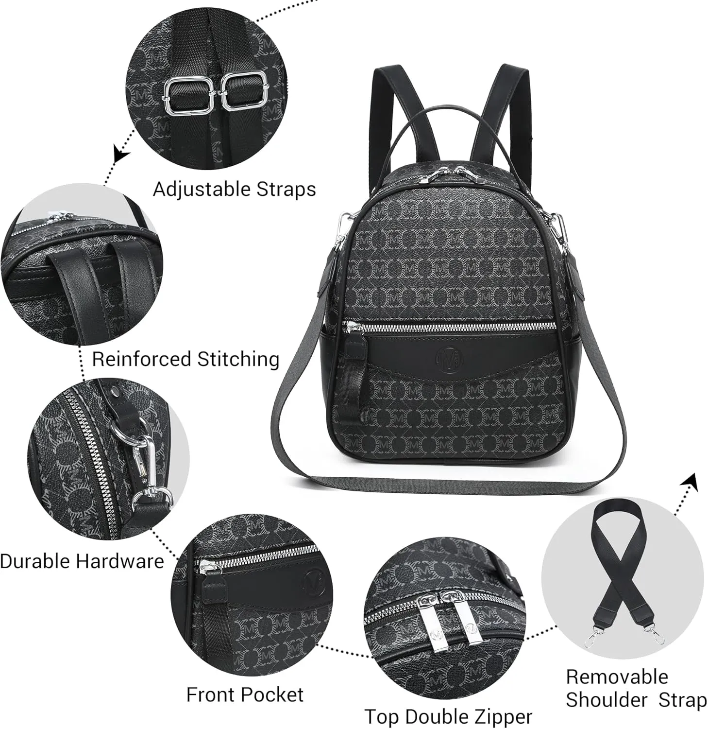 Mini Backpack Purse for Women Multi Pocket Small Backpacks Ladies Convertible Shoulder Handbags Designer Travel Backpack with Wide Strap, Black