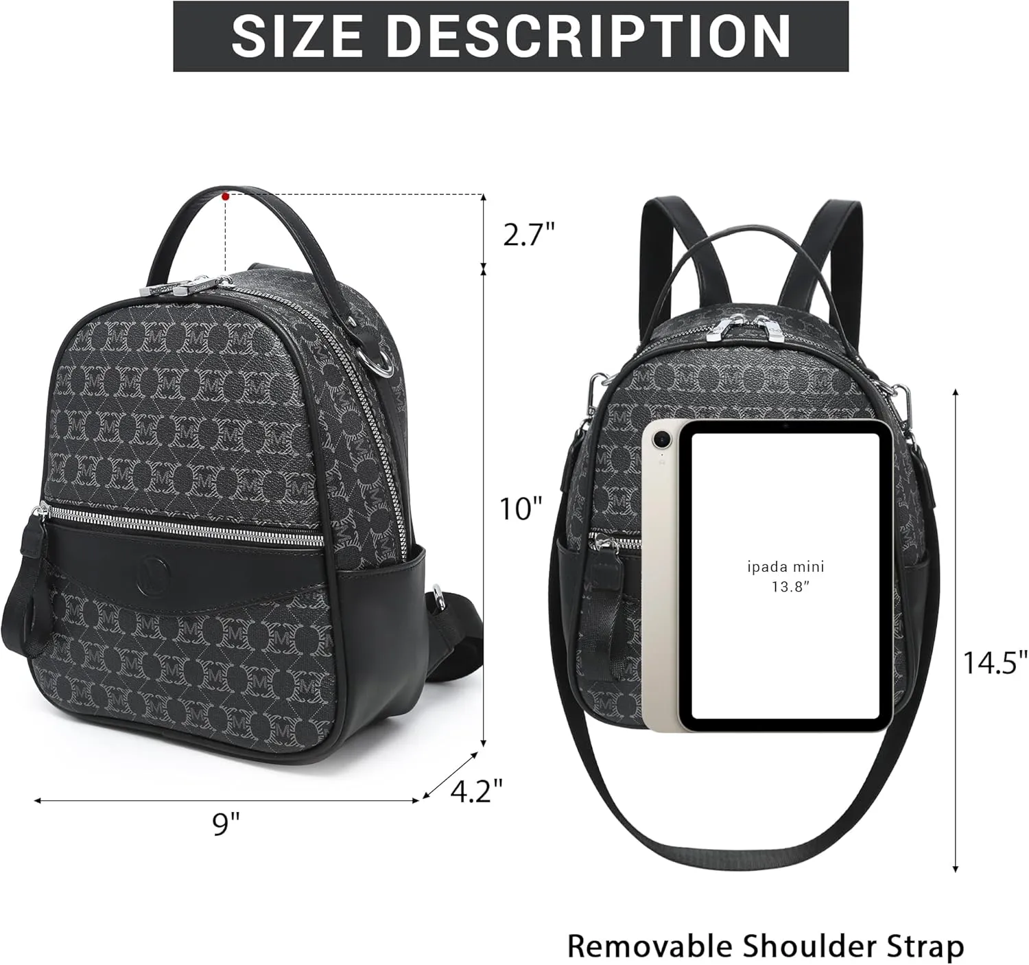 Mini Backpack Purse for Women Multi Pocket Small Backpacks Ladies Convertible Shoulder Handbags Designer Travel Backpack with Wide Strap, Black