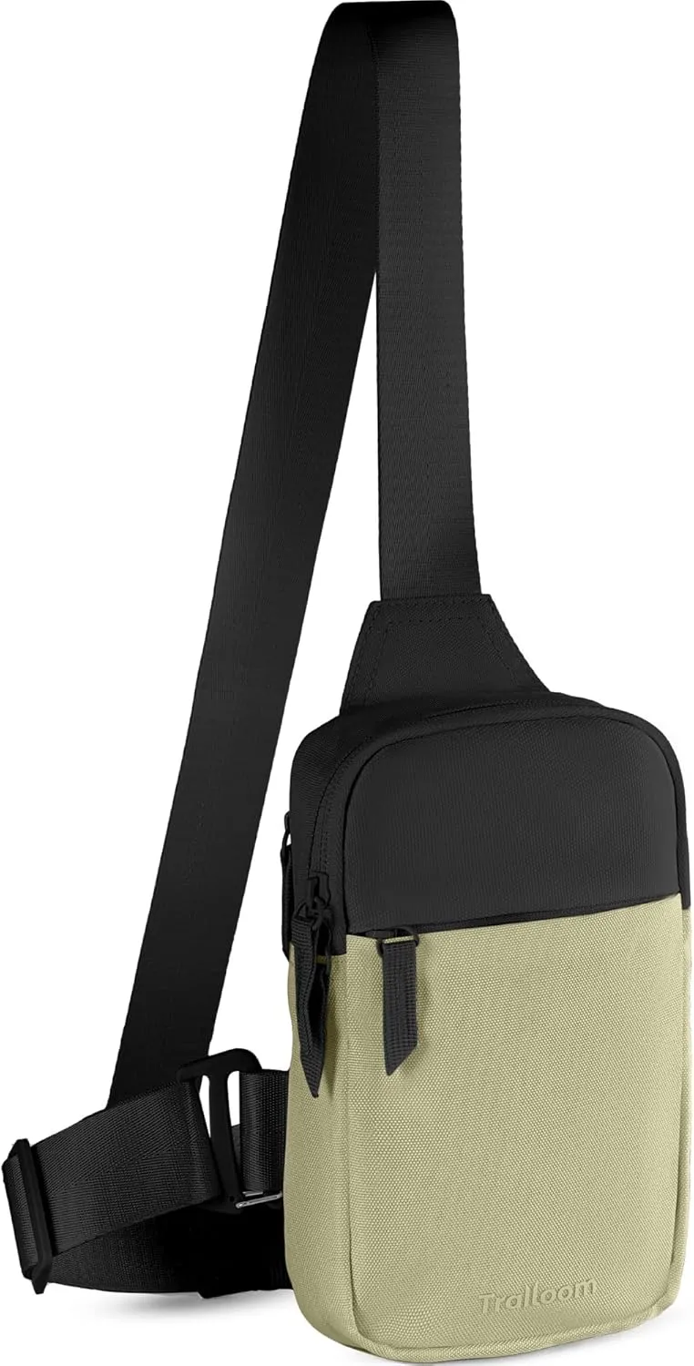 Mini Sling Bag Crossbody Fanny Pack Men & Women - Switchable Strap, RFID Blocking, Water-Repellent,Hidden Pocket - Chest Purse for Travel, EDC, Phone Holder, Small Shoulder pouch (Khaki & Black)