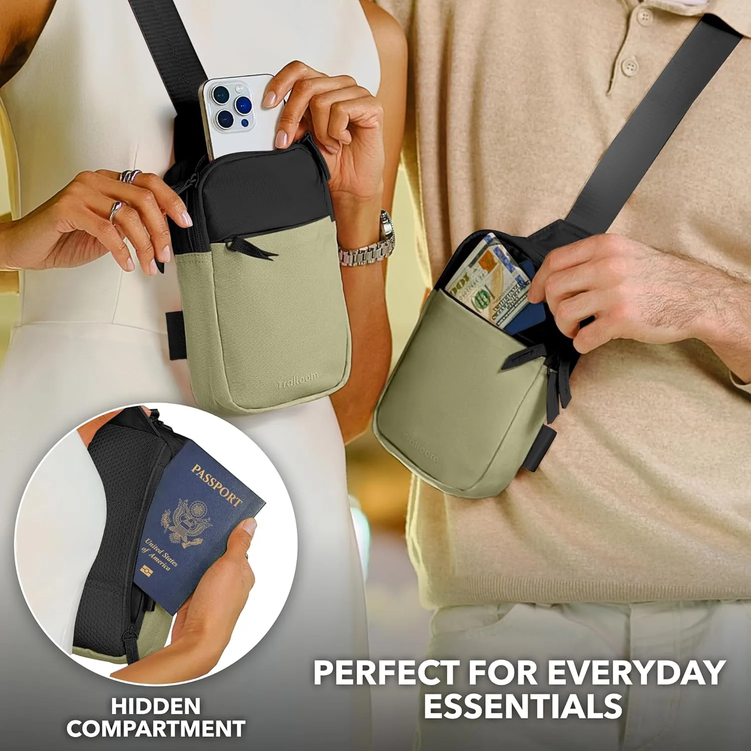 Mini Sling Bag Crossbody Fanny Pack Men & Women - Switchable Strap, RFID Blocking, Water-Repellent,Hidden Pocket - Chest Purse for Travel, EDC, Phone Holder, Small Shoulder pouch (Khaki & Black)