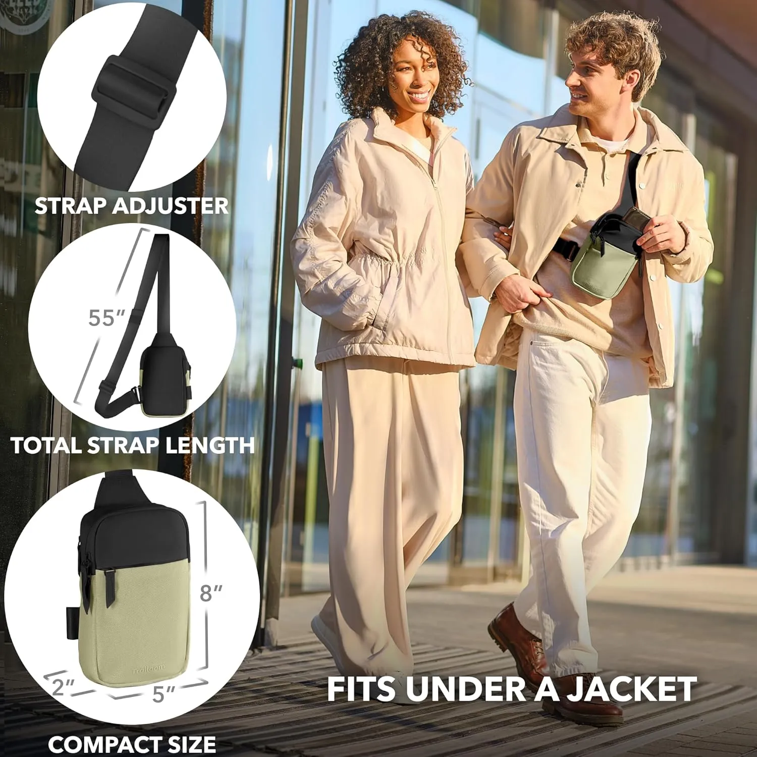 Mini Sling Bag Crossbody Fanny Pack Men & Women - Switchable Strap, RFID Blocking, Water-Repellent,Hidden Pocket - Chest Purse for Travel, EDC, Phone Holder, Small Shoulder pouch (Khaki & Black)
