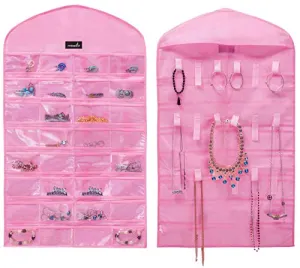 MISSLO Pink Jewelry Hanging Non-Woven Organizer Holder 32 Pockets 18 Hook and Loops